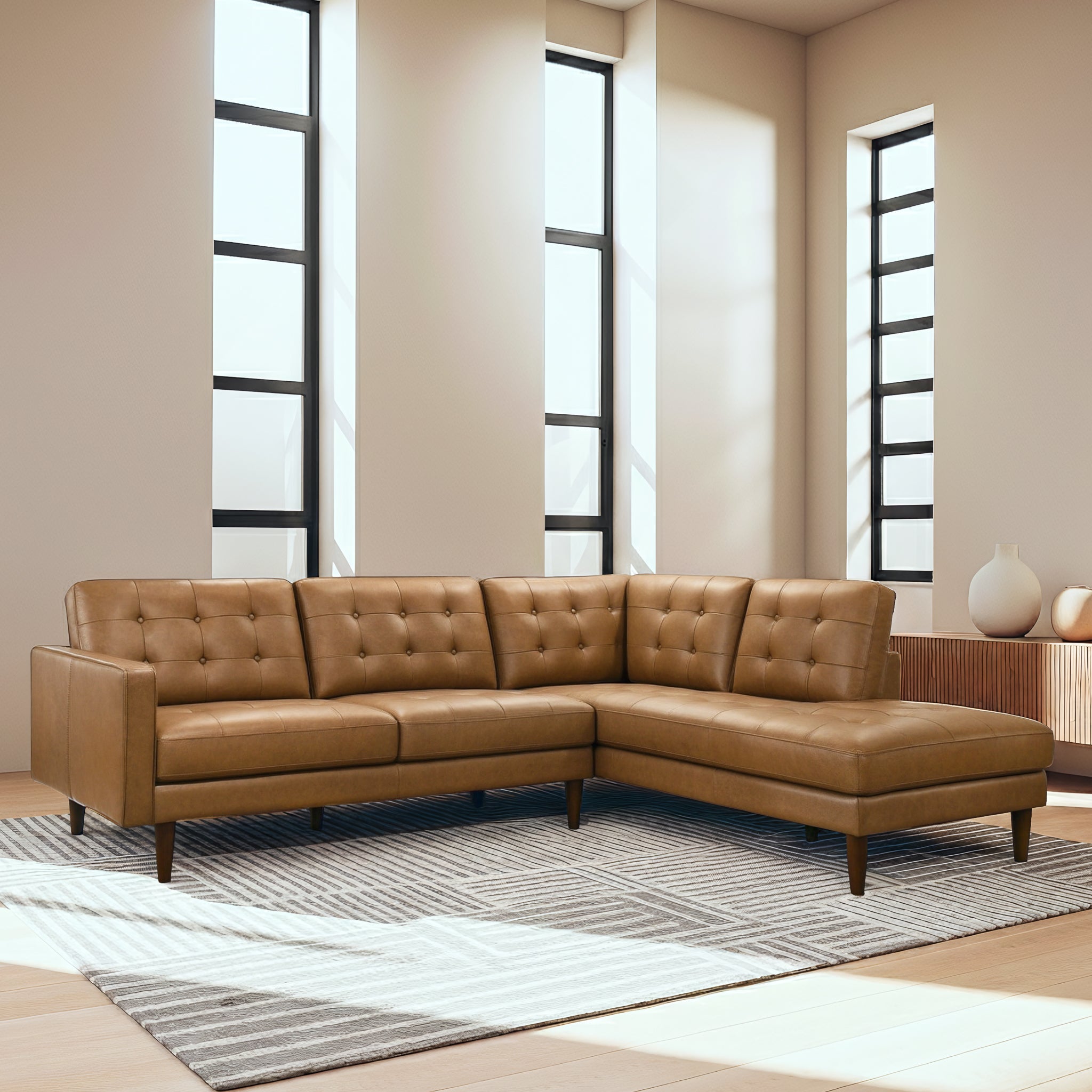 Lucco Top-Grain Leather Sectional Sofa and Chaise with Solid Wood Legs