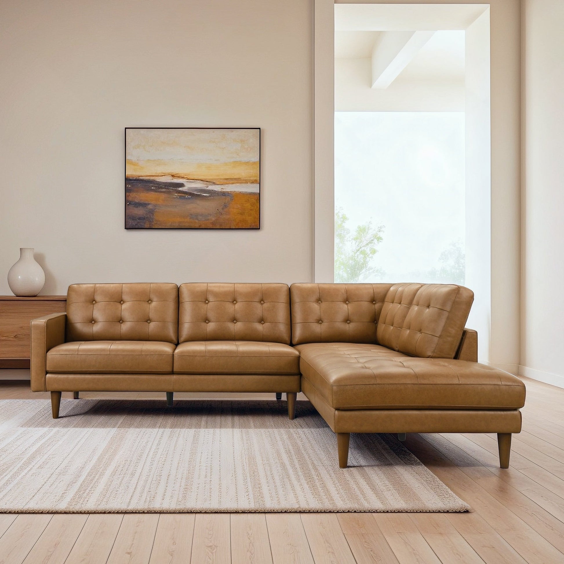 Lucco Top-Grain Leather Sectional Sofa and Chaise with Solid Wood Legs