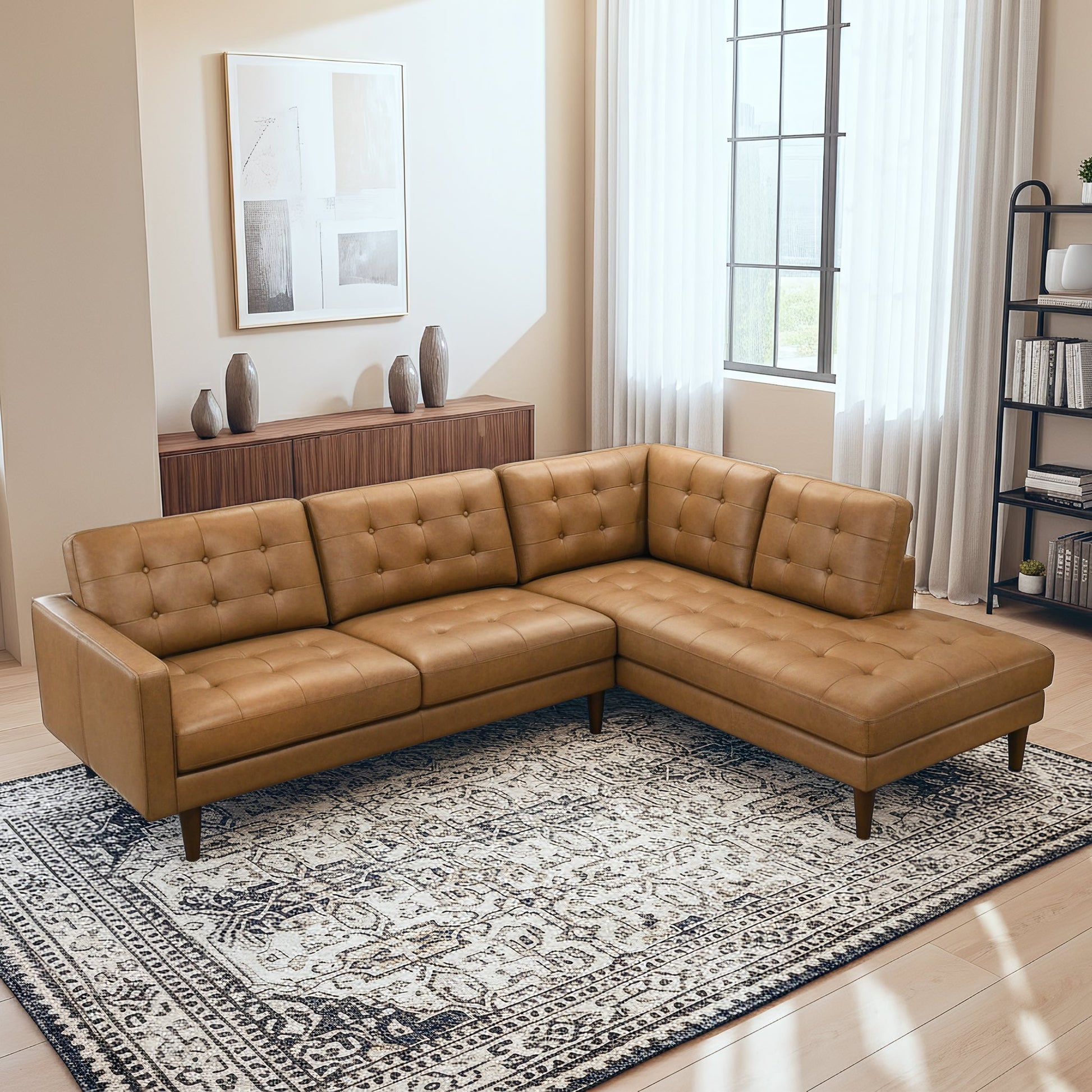 Lucco Top-Grain Leather Sectional Sofa and Chaise with Solid Wood Legs