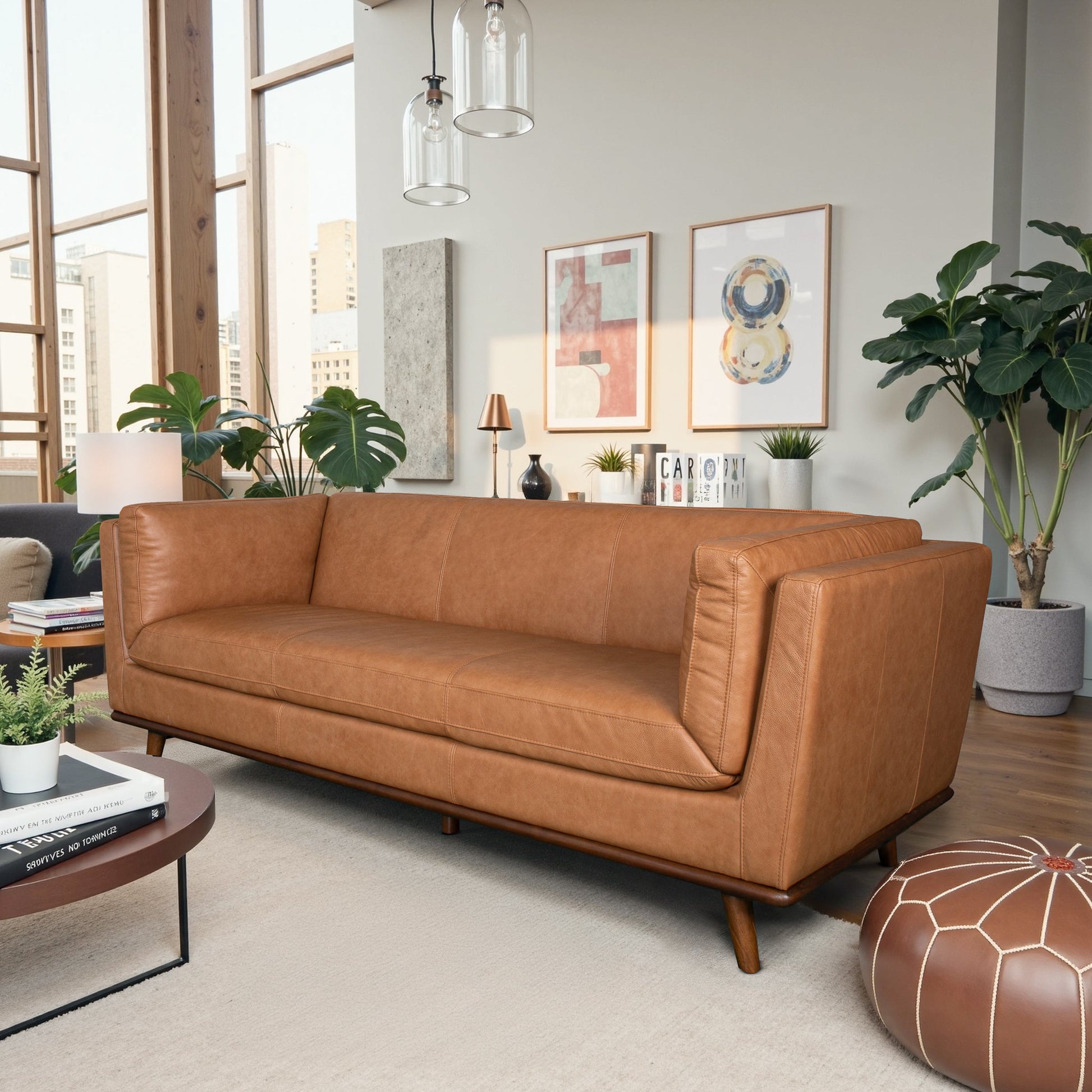 Phoenix Mid-Century Modern Sofa in Breathable Top Grain Leather