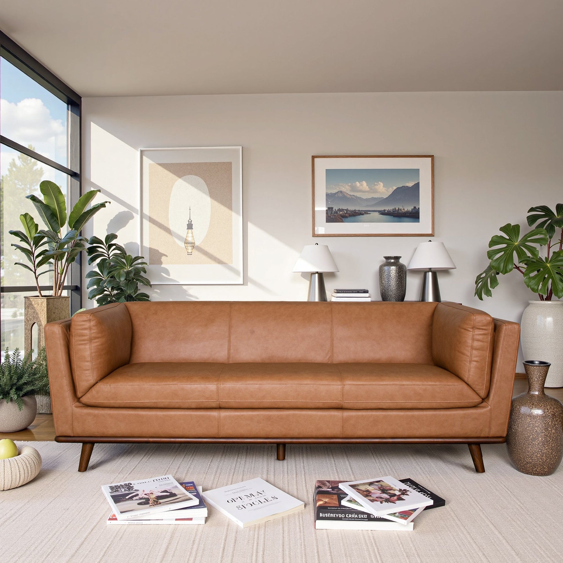 Phoenix Mid-Century Modern Sofa in Breathable Top Grain Leather
