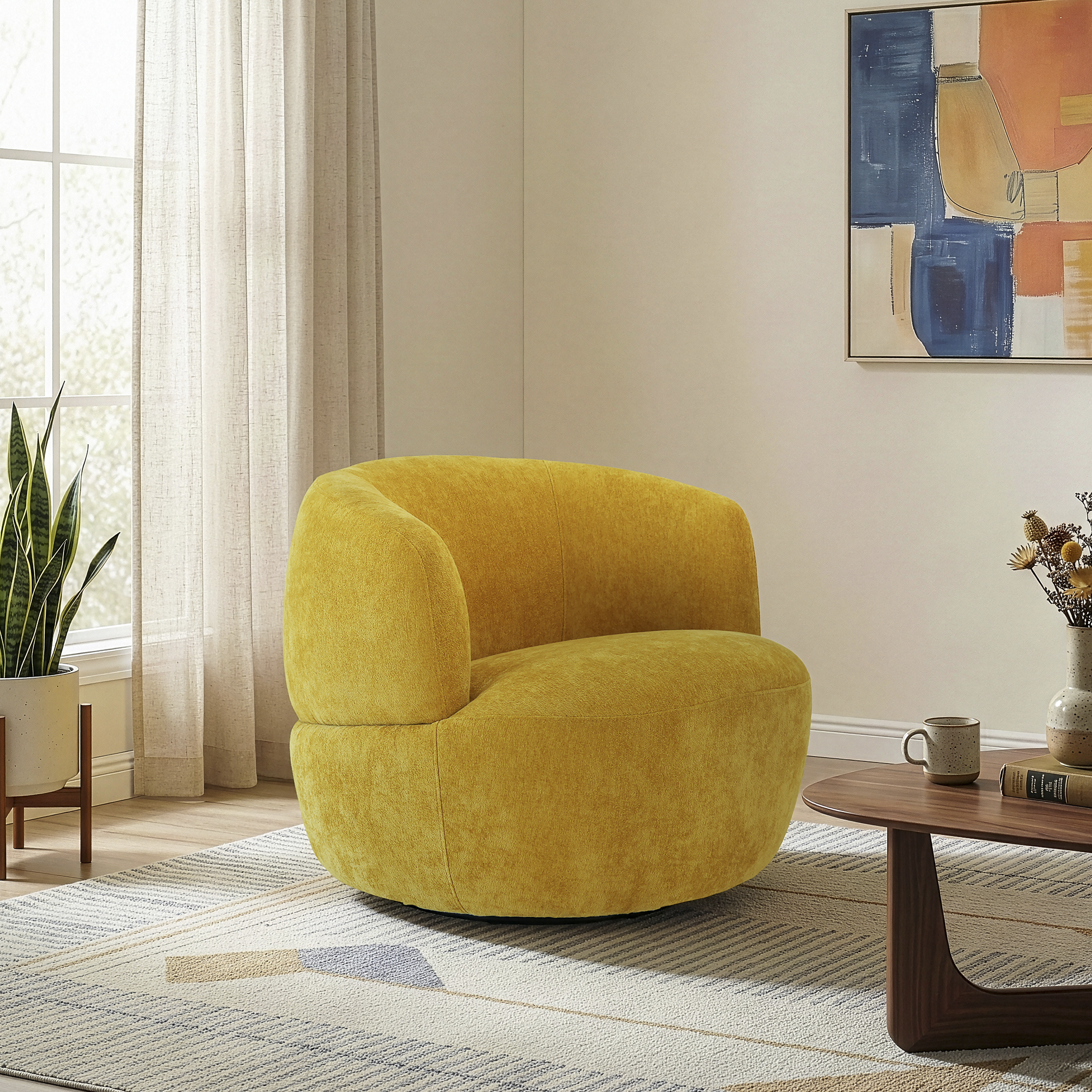 Thornton Chenille Upholstered Swivel Barrel Chair with Foam-Padded Support