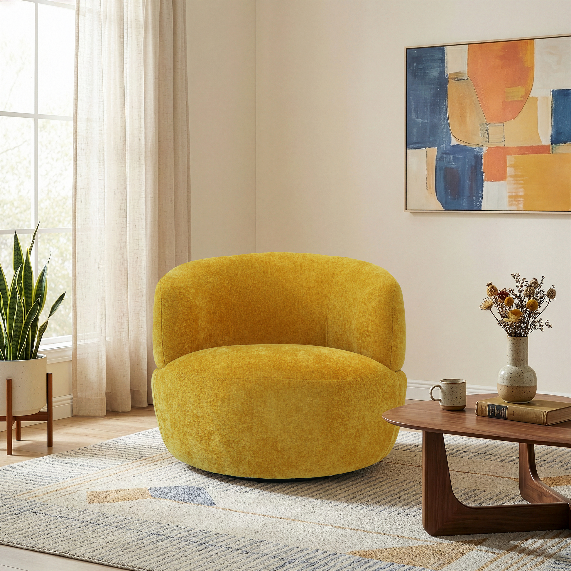 Thornton Chenille Upholstered Swivel Barrel Chair with Foam-Padded Support