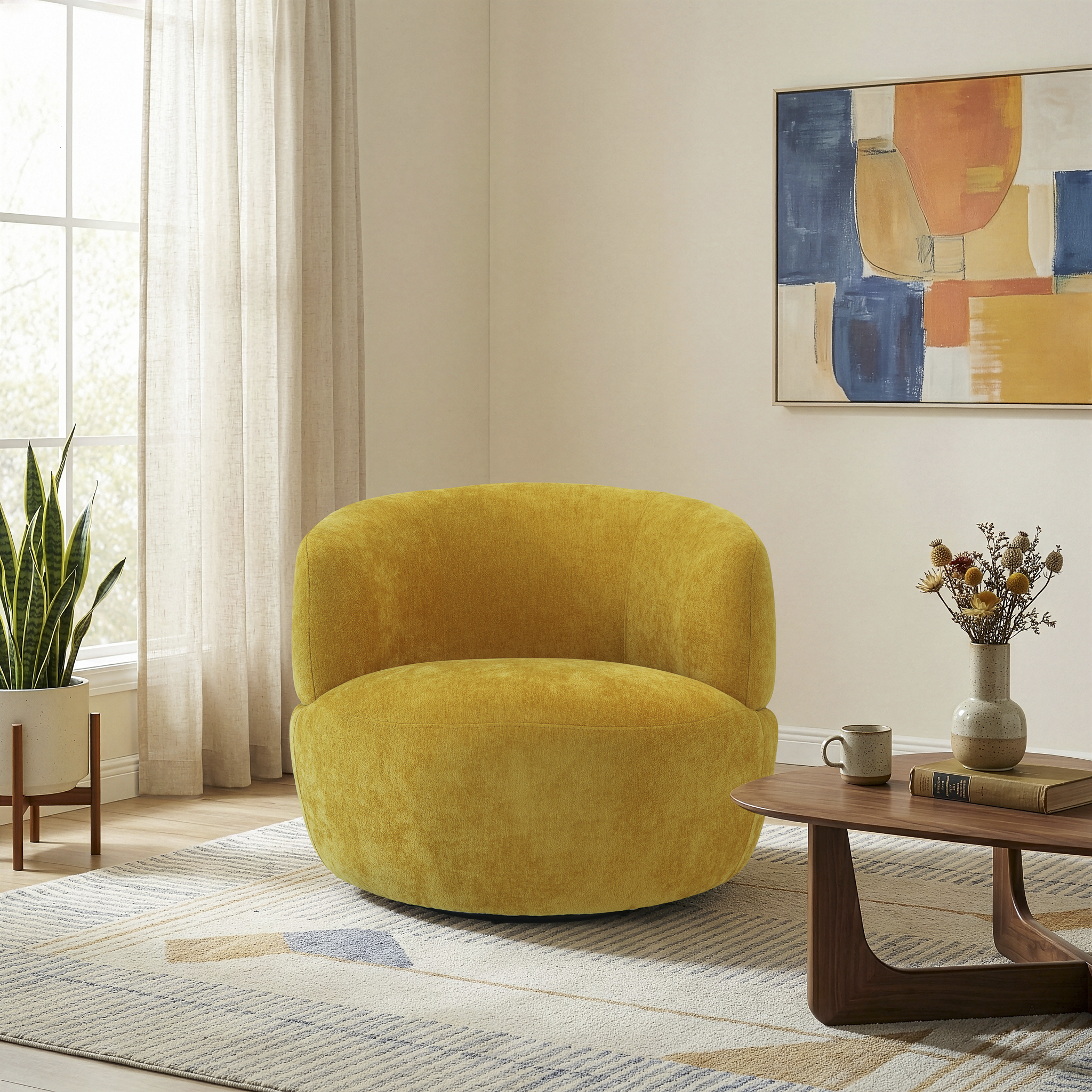 Thornton Chenille Upholstered Swivel Barrel Chair with Foam-Padded Support