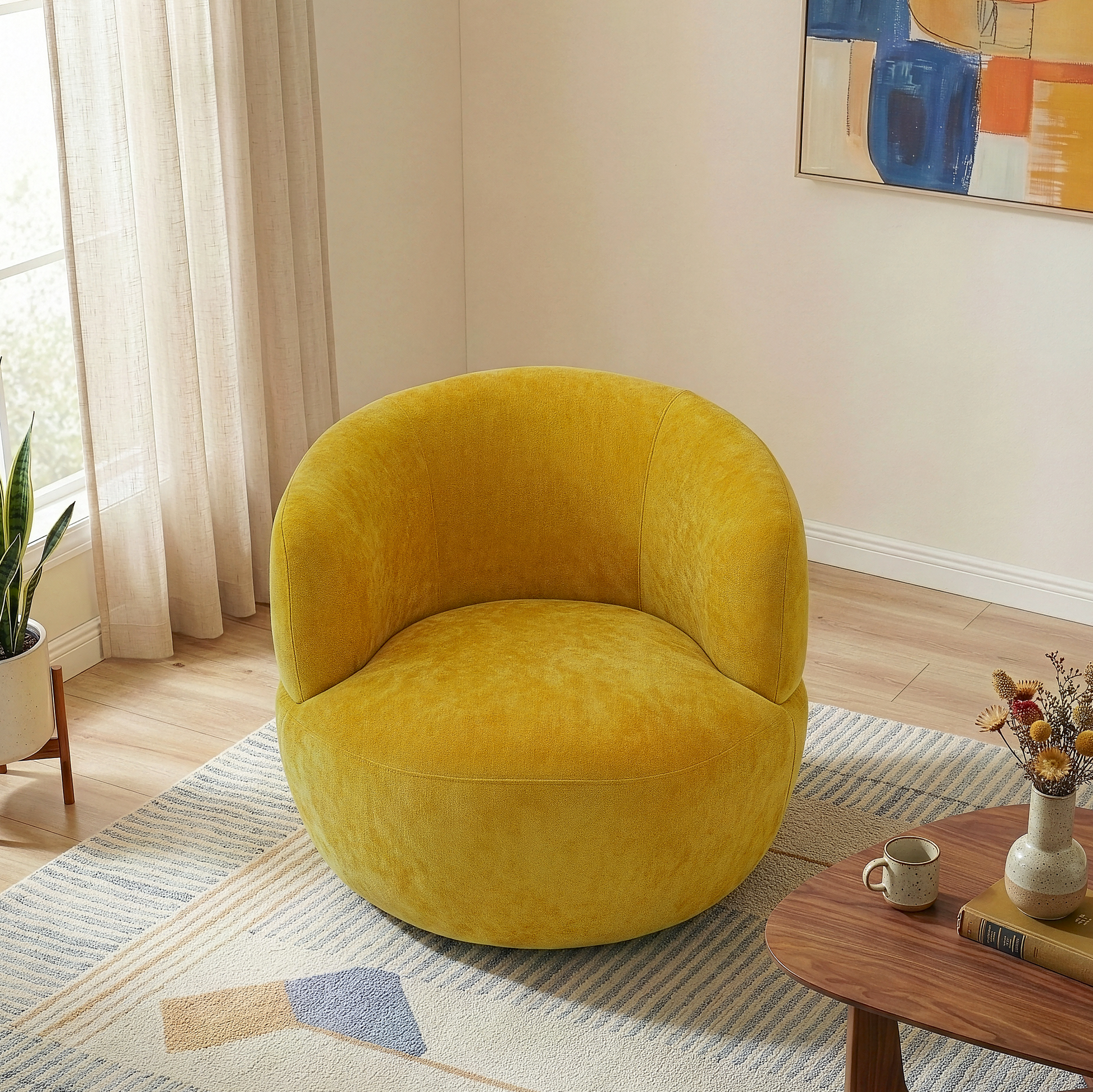 Thornton Chenille Upholstered Swivel Barrel Chair with Foam-Padded Support