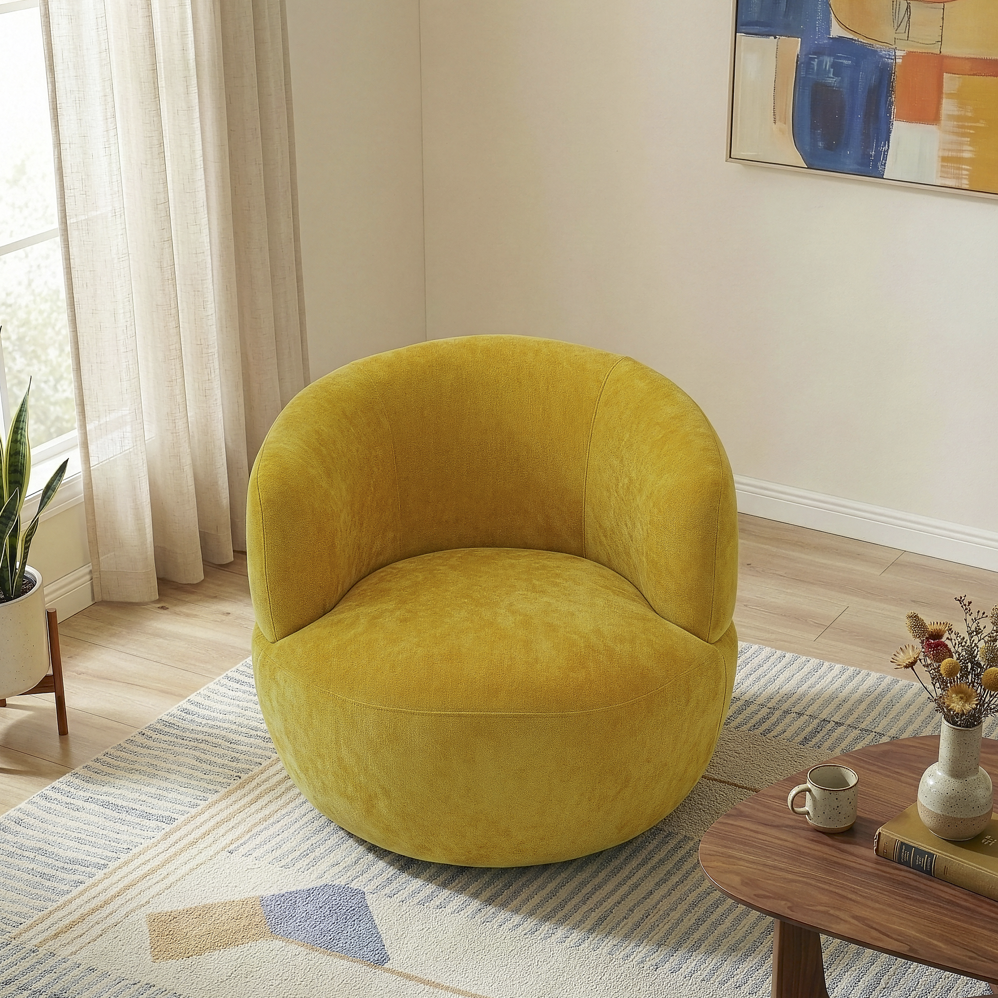 Thornton Chenille Upholstered Swivel Barrel Chair with Foam-Padded Support