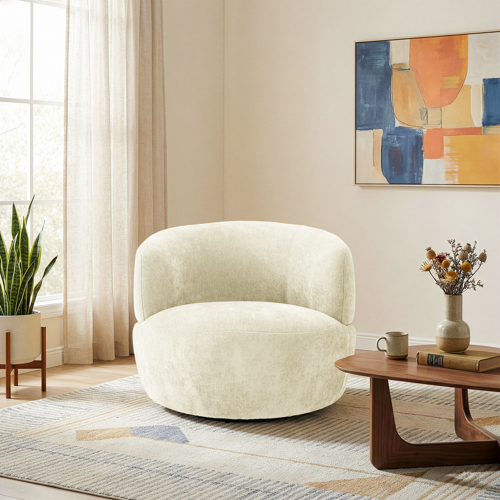 Thornton Chenille Upholstered Swivel Barrel Chair with Foam-Padded Support