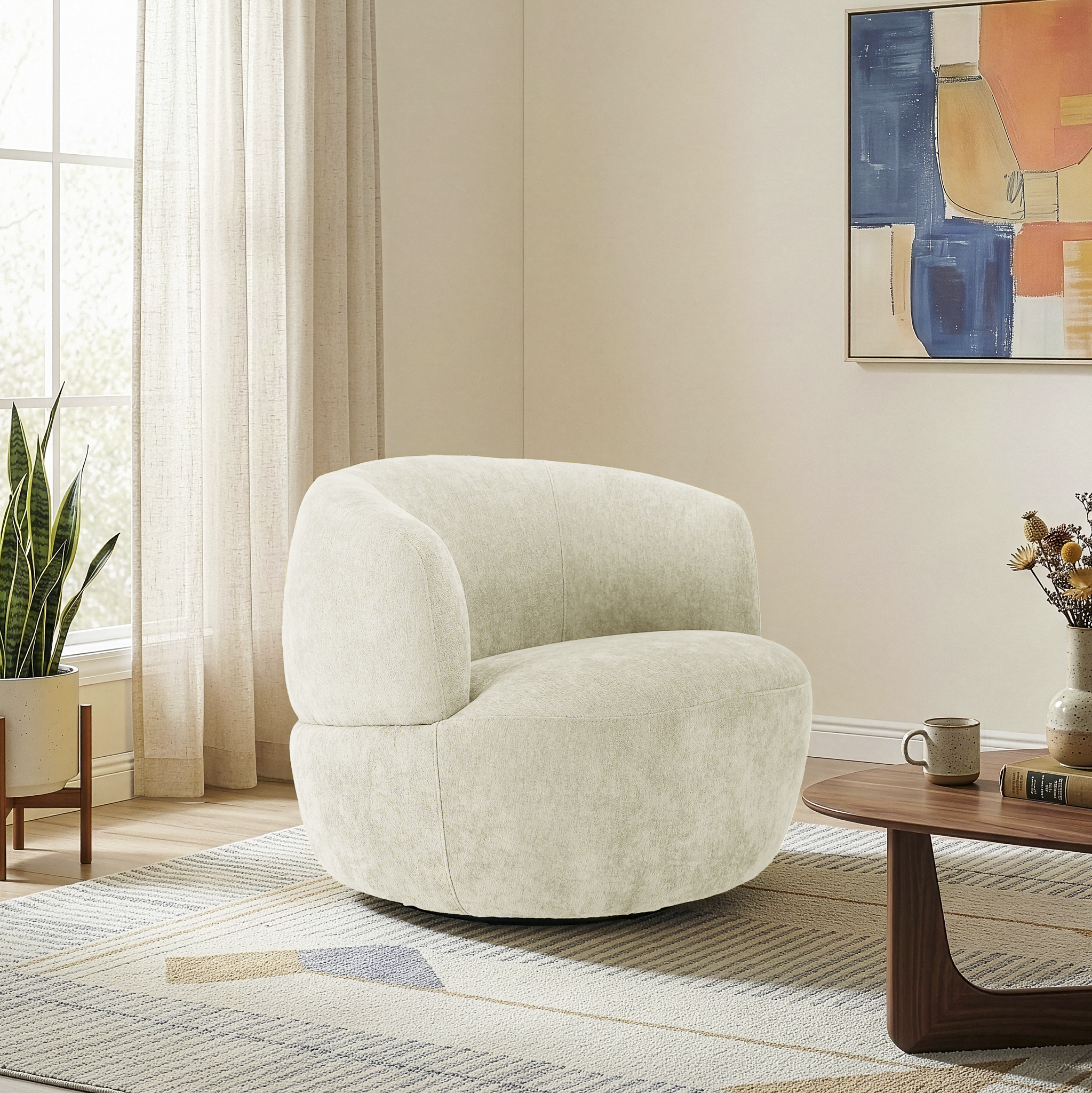 Thornton Chenille Upholstered Swivel Barrel Chair with Foam-Padded Support