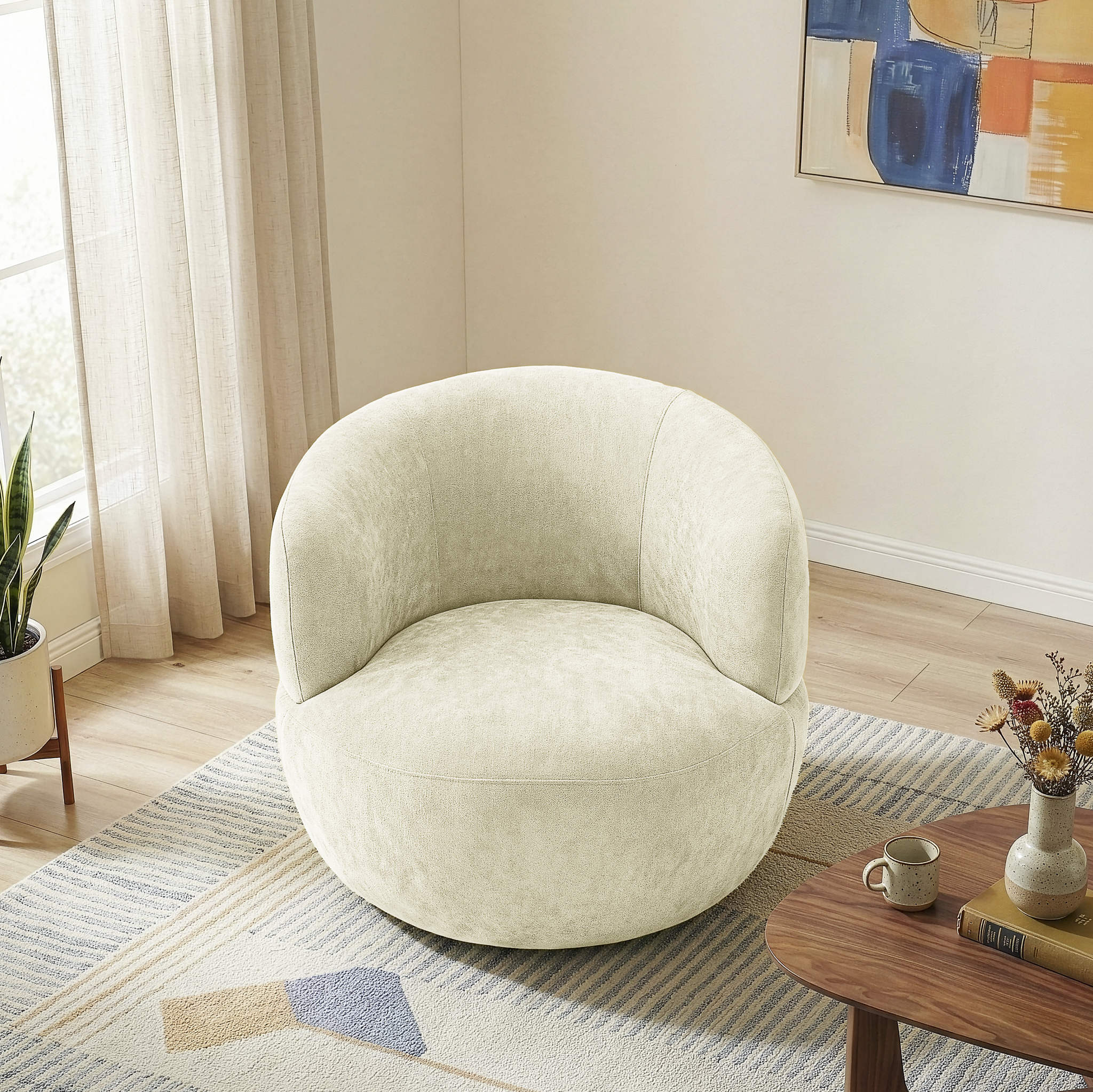 Thornton Chenille Upholstered Swivel Barrel Chair with Foam-Padded Support
