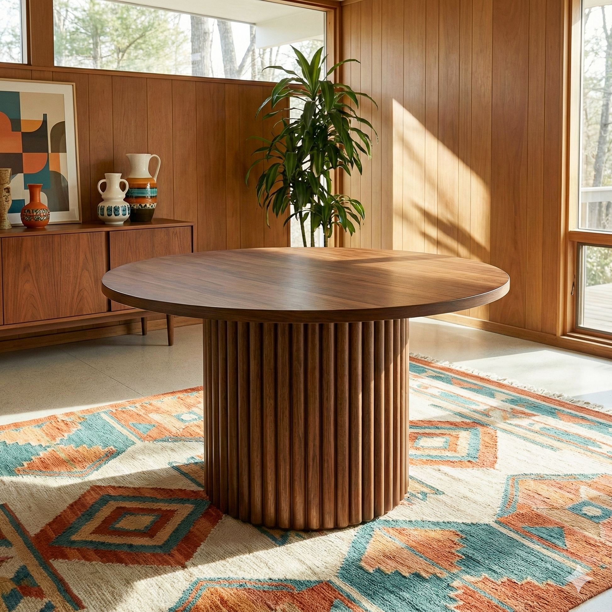 Merlin Round Walnut Dining Table with Sculptural Ribbed Pedestal Base