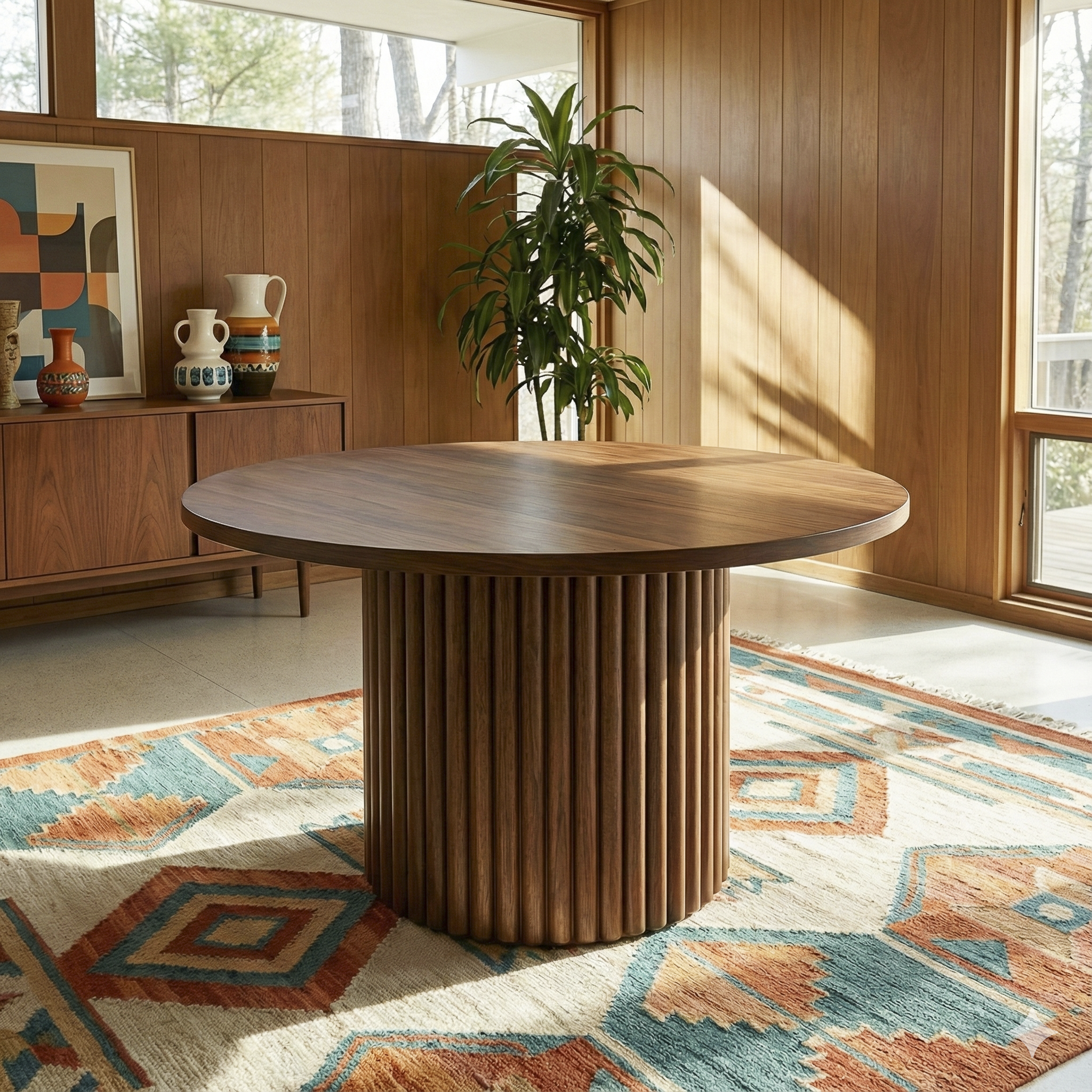 Merlin Round Walnut Dining Table with Sculptural Ribbed Pedestal Base