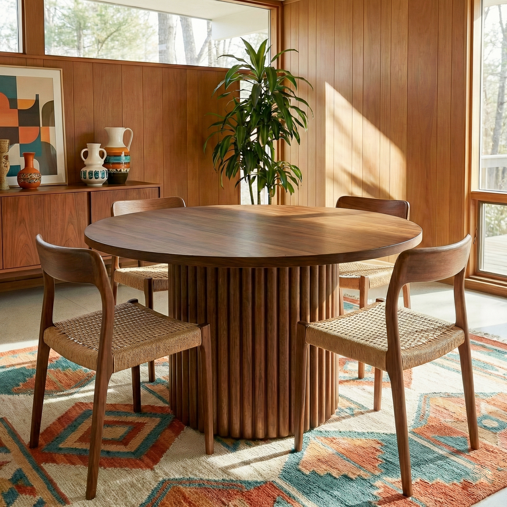Merlin Round Walnut Dining Table with Sculptural Ribbed Pedestal Base