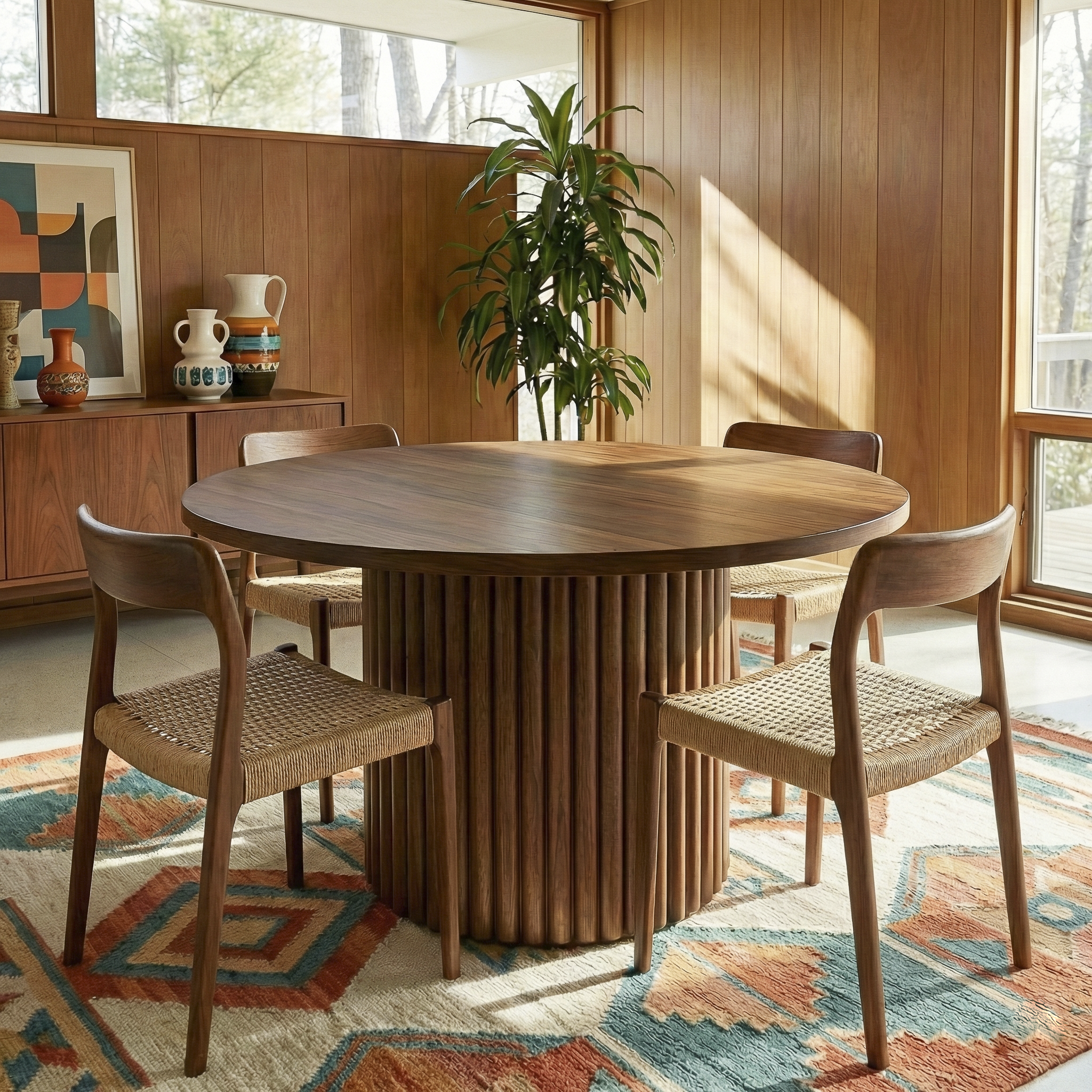 Merlin Round Walnut Dining Table with Sculptural Ribbed Pedestal Base