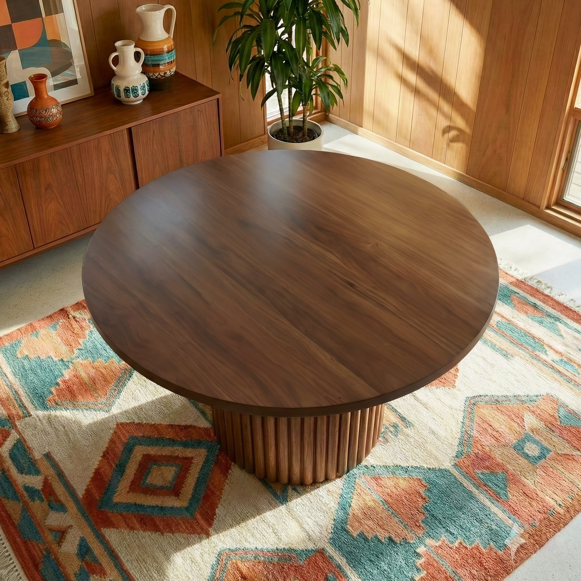 Merlin Round Walnut Dining Table with Sculptural Ribbed Pedestal Base