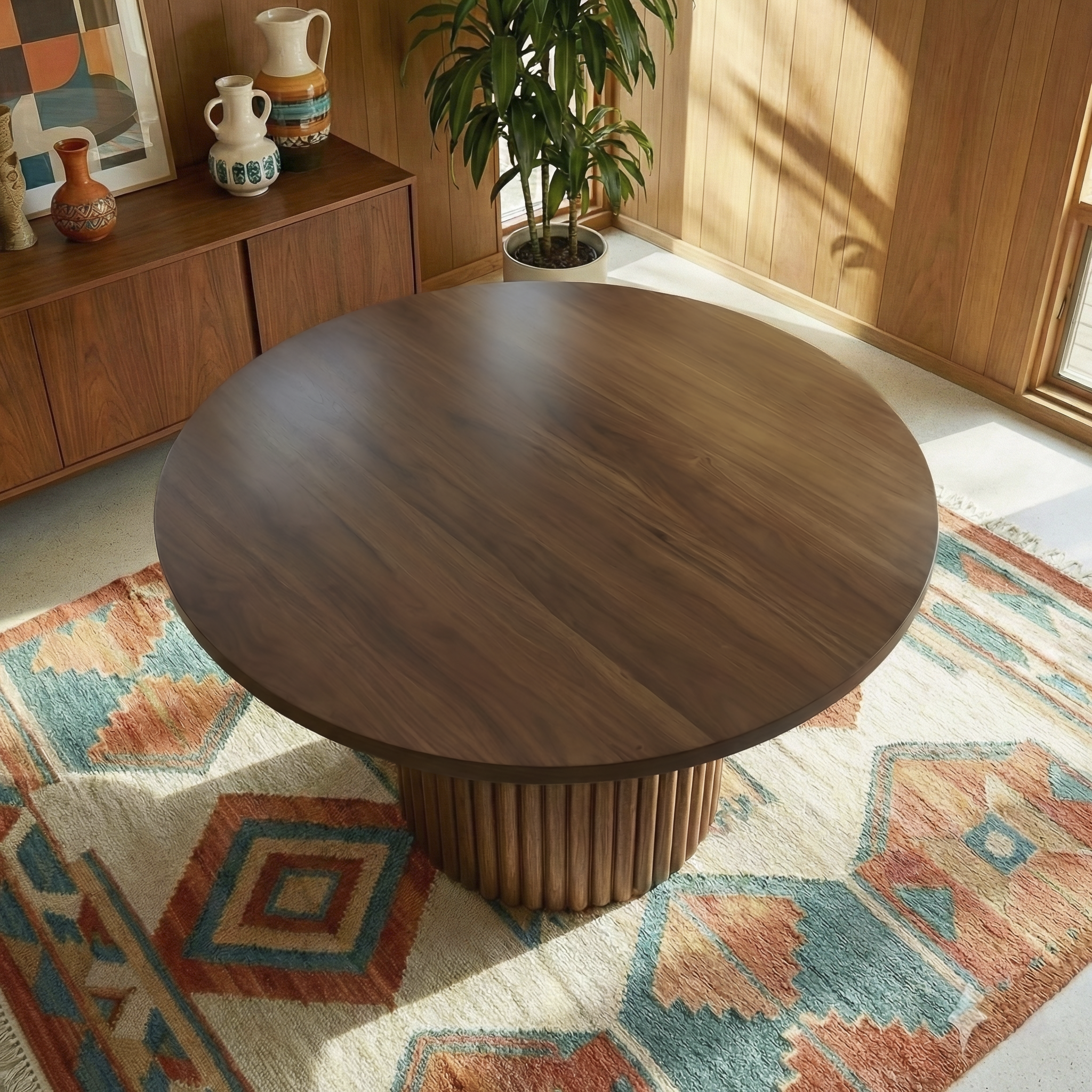 Merlin Round Walnut Dining Table with Sculptural Ribbed Pedestal Base