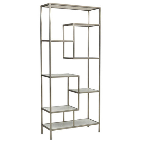 Geometric Staggered Antique Nickel+ Marble Shelf Bookcase 80"