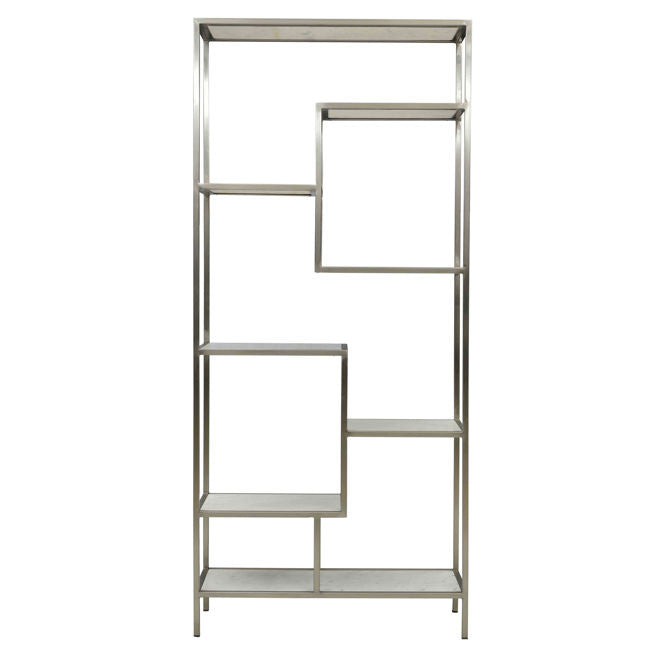 Geometric Staggered Antique Nickel+ Marble Shelf Bookcase 80"