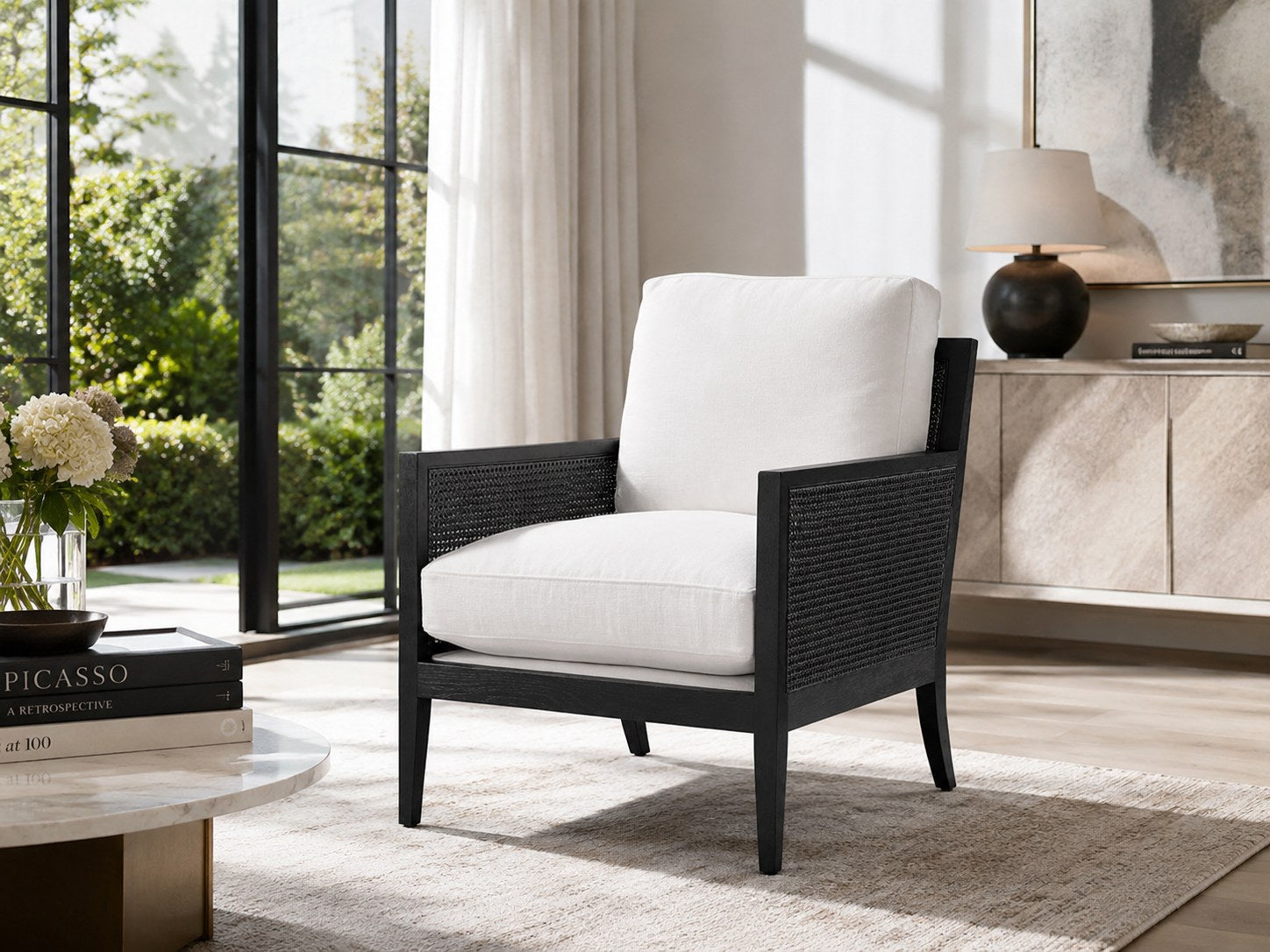 Bakersfield Chair in Bergamo Vanilla in Black (Performance Fabric) lifestyle image - Black Contemporary Transitional