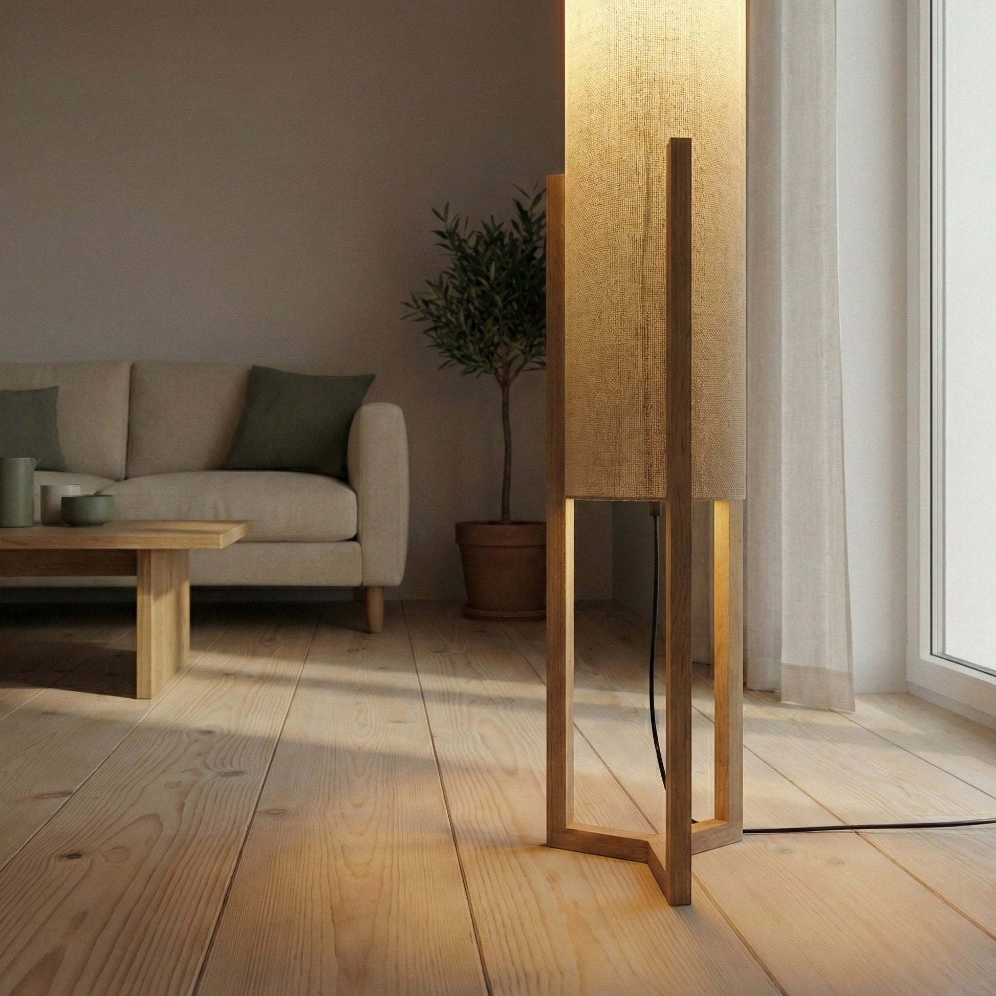Ethos Floor Lamp | Oak Wood Base and Natural Faux Linen Shade