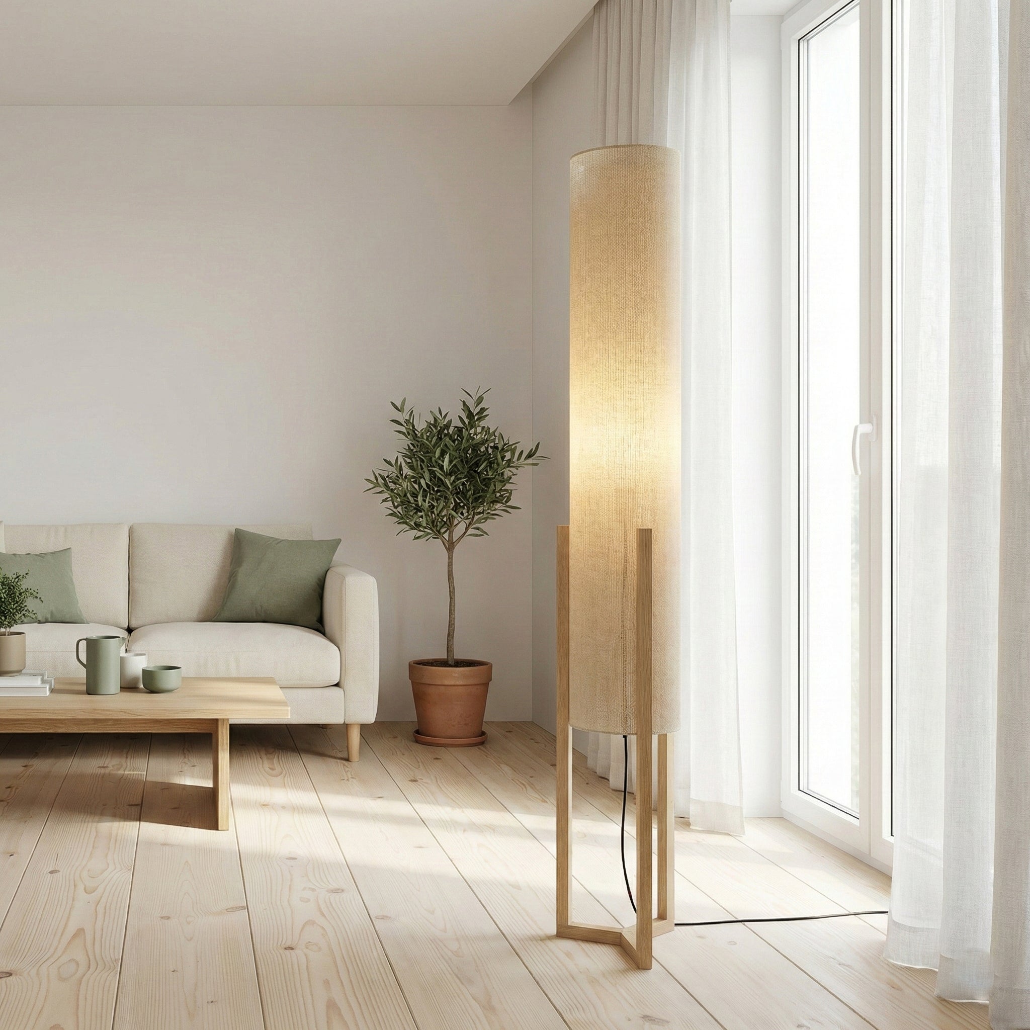 Ethos Floor Lamp | Oak Wood Base and Natural Faux Linen Shade