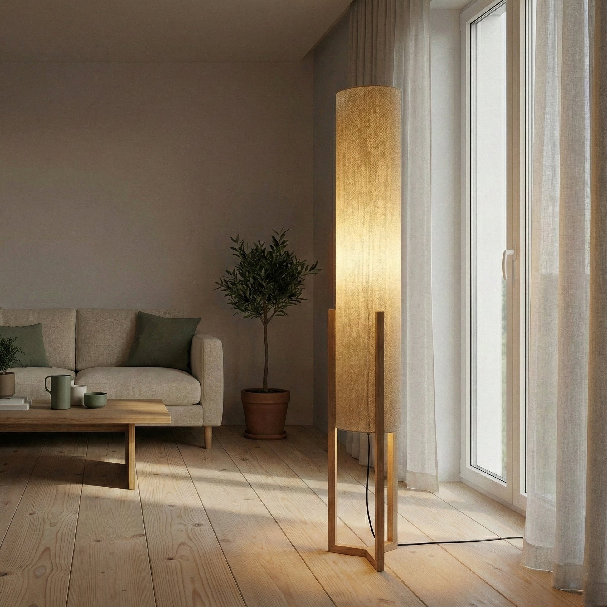 Ethos Floor Lamp | Oak Wood Base and Natural Faux Linen Shade