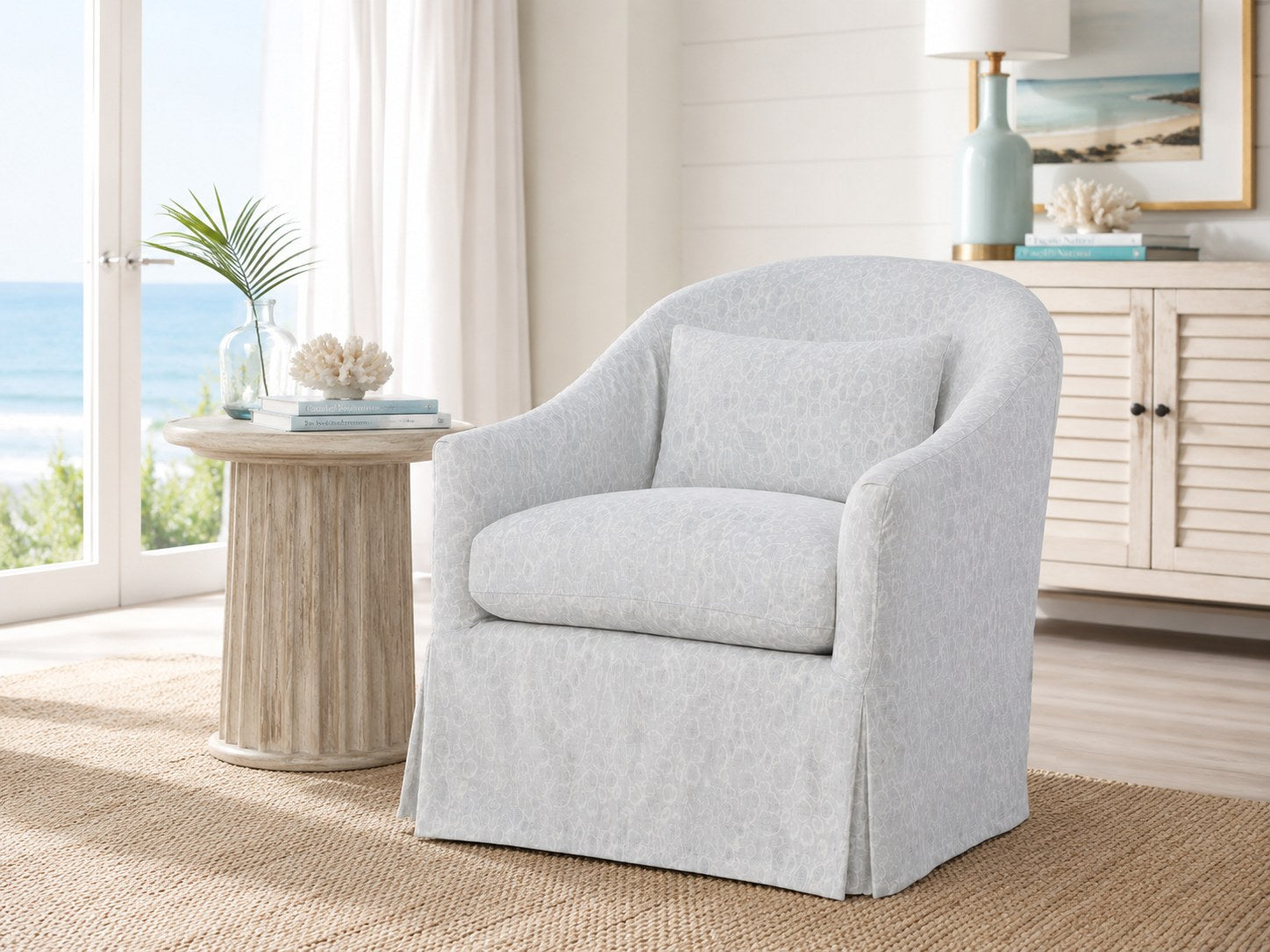 Becky Slipcovered Swivel Glider in Kalahara Saxony lifestyle image - Kalahara Saxony Coastal