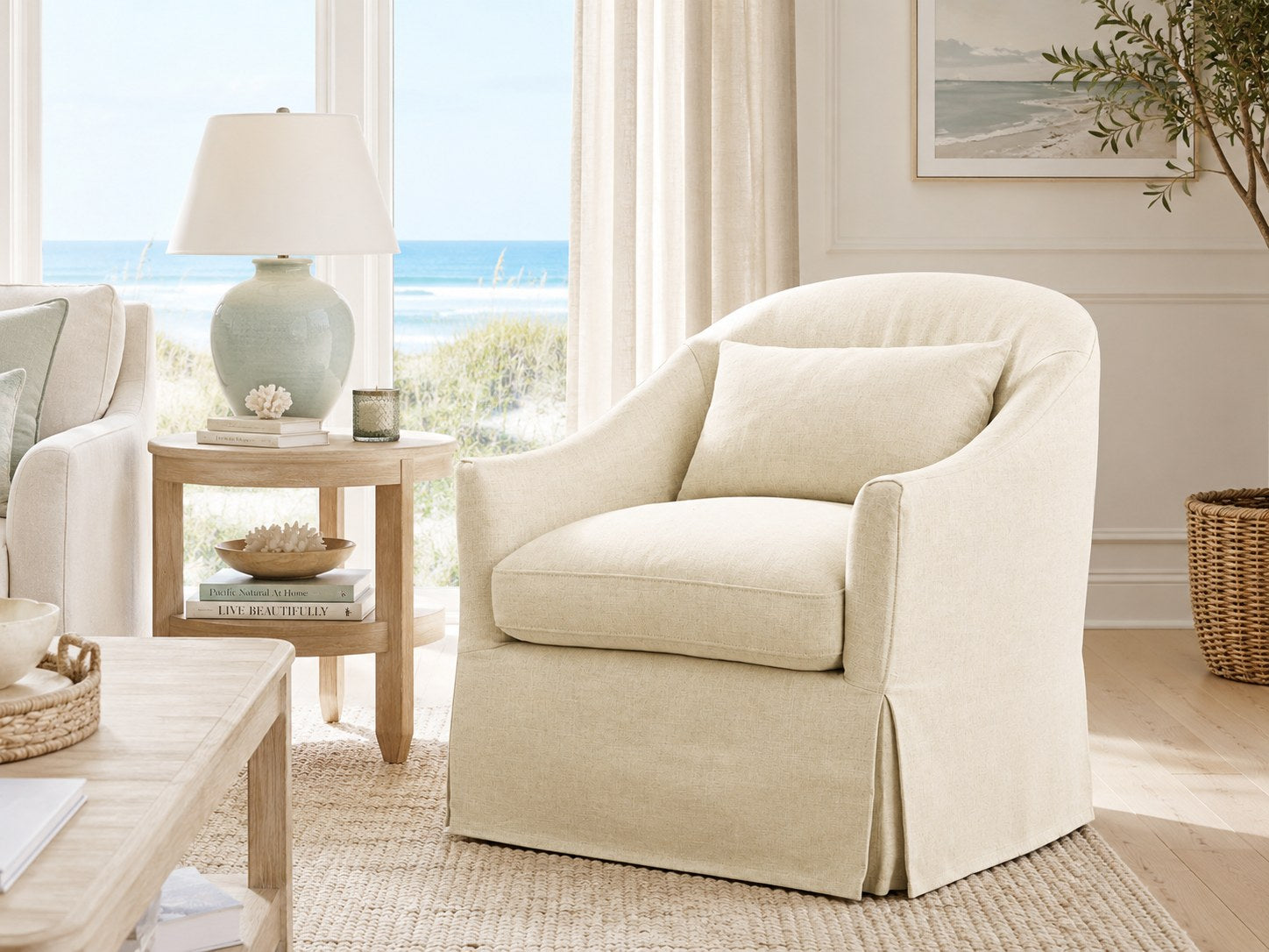 Becky Slipcovered Swivel Glider in Tribecca Natural lifestyle image - Tribecca Natural Coastal