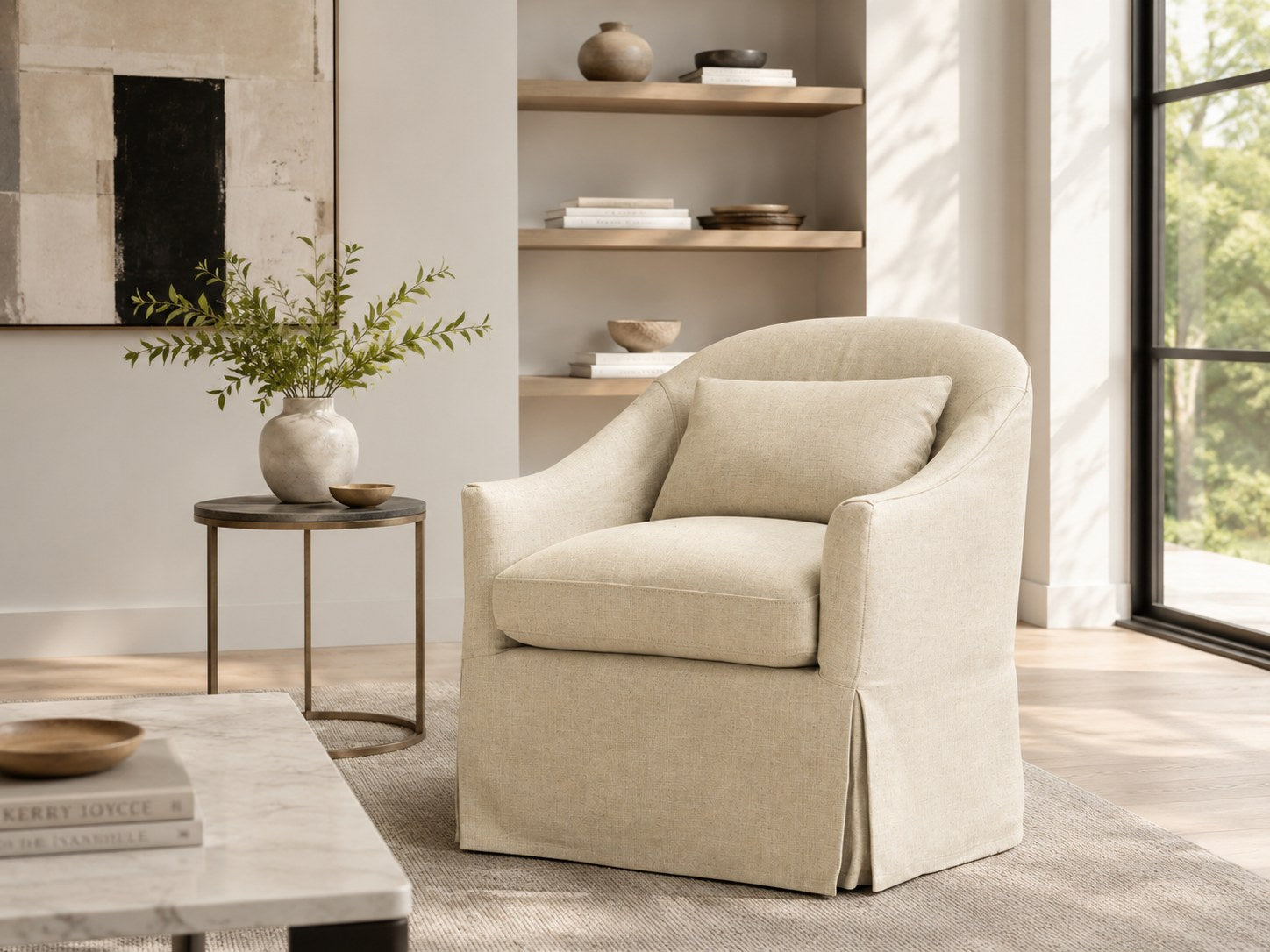 Becky Slipcovered Swivel Glider in Tribecca Natural lifestyle image - Tribecca Natural Contemporary