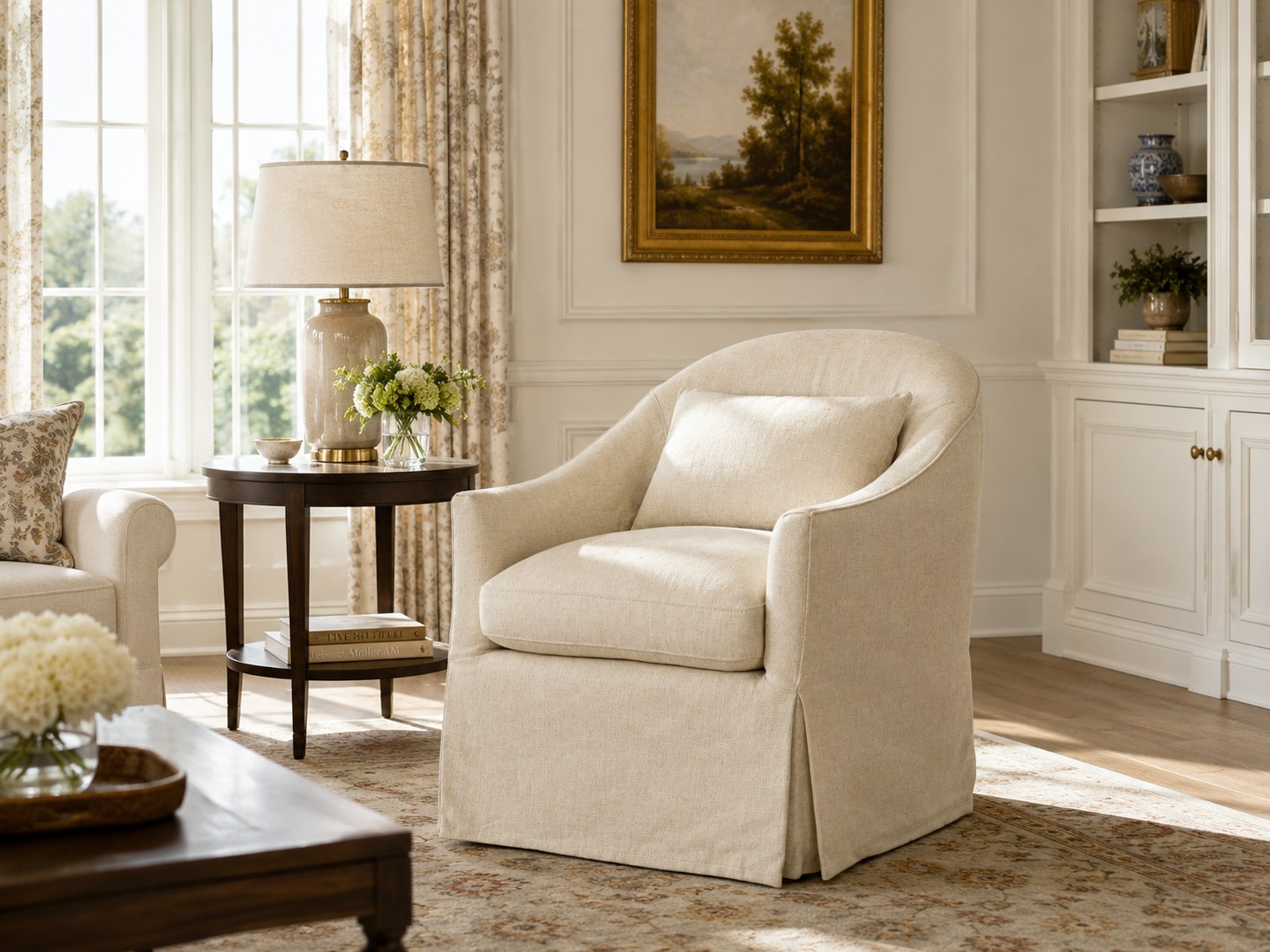 Becky Slipcovered Swivel Glider in Tribecca Natural lifestyle image - Natural Traditional Transitional