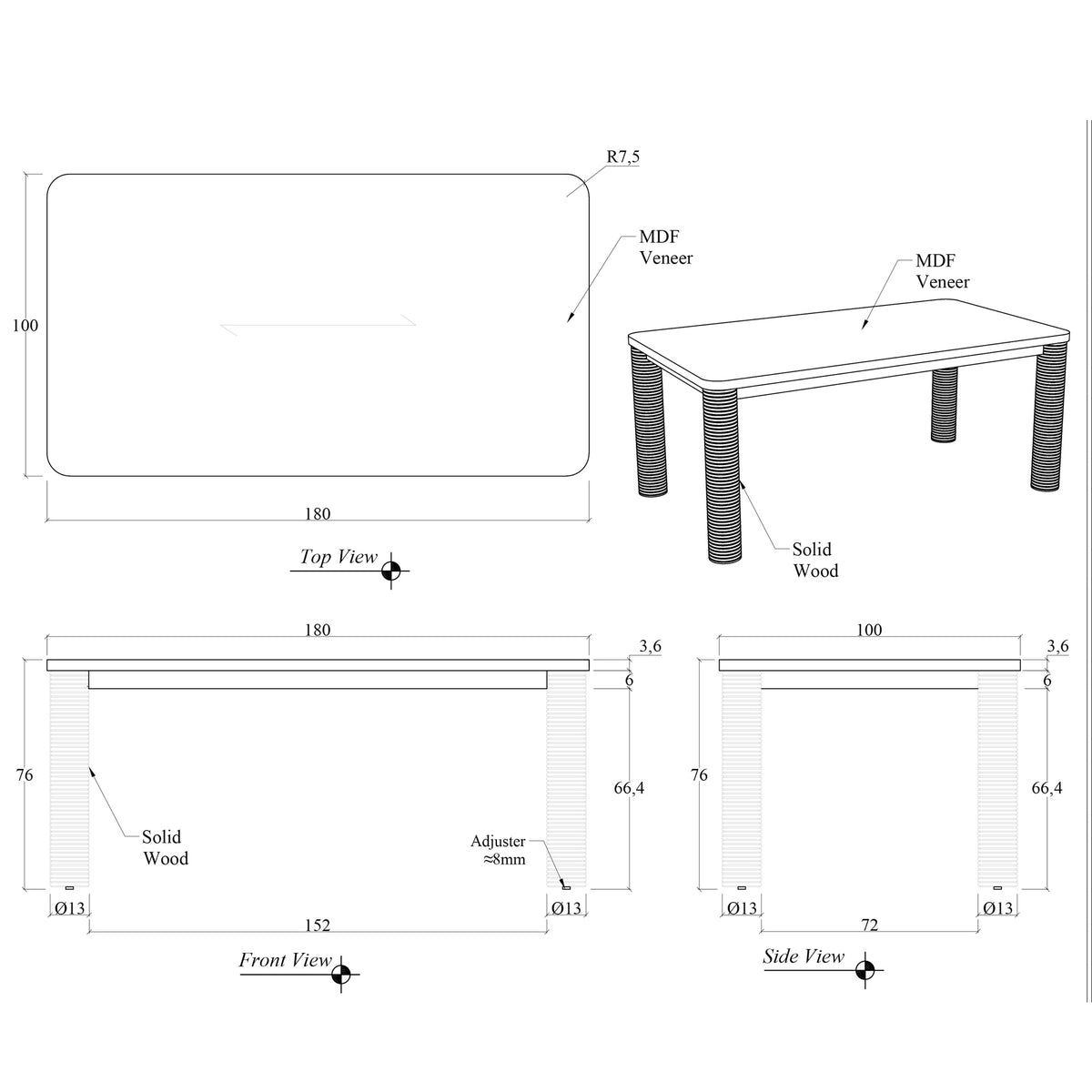 Luna Rectangle Dining Table Coffee by Urbia - detail 5