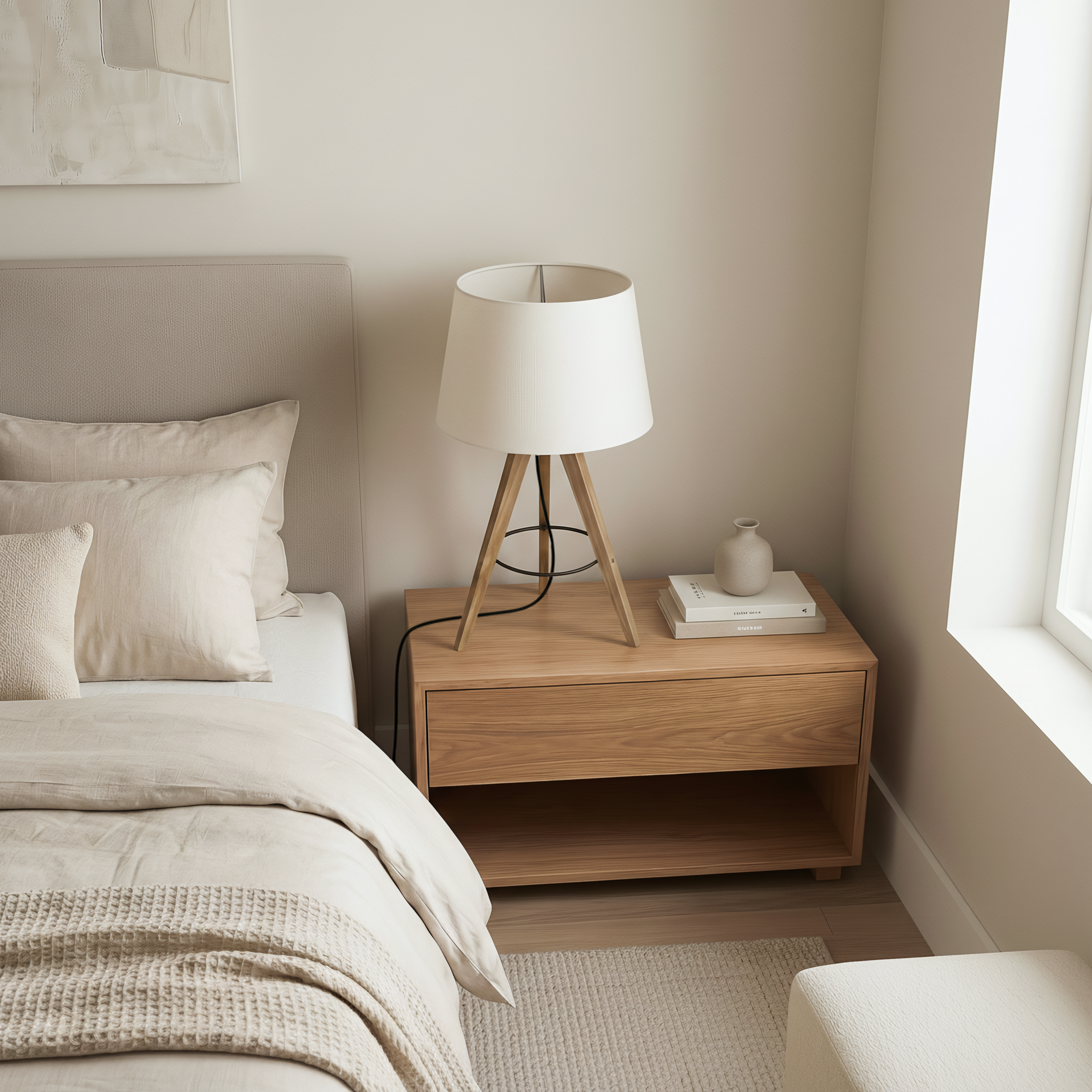 Birch Table Lamp | Natural Three-Legged Wood and Linen Shade