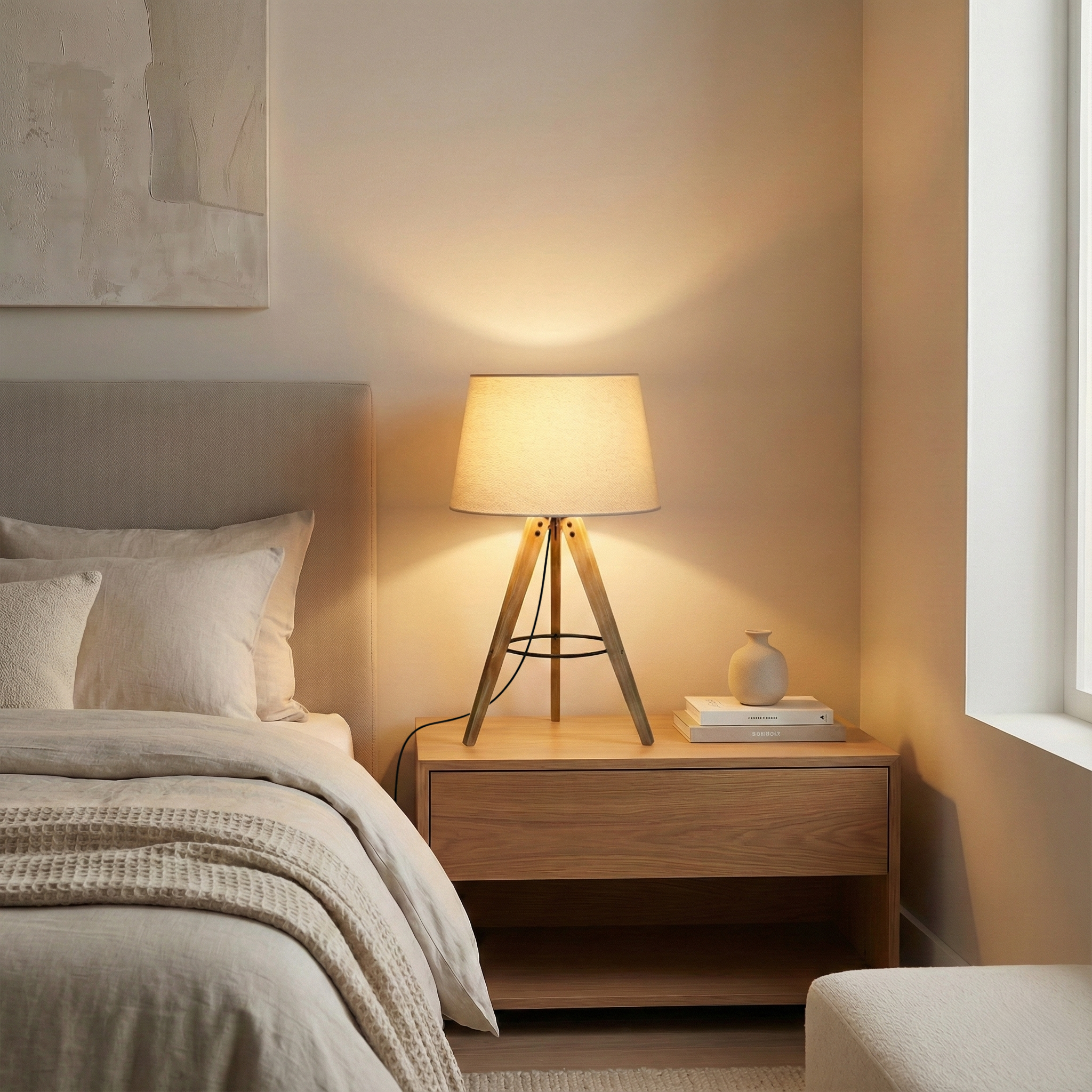 Birch Table Lamp | Natural Three-Legged Wood and Linen Shade