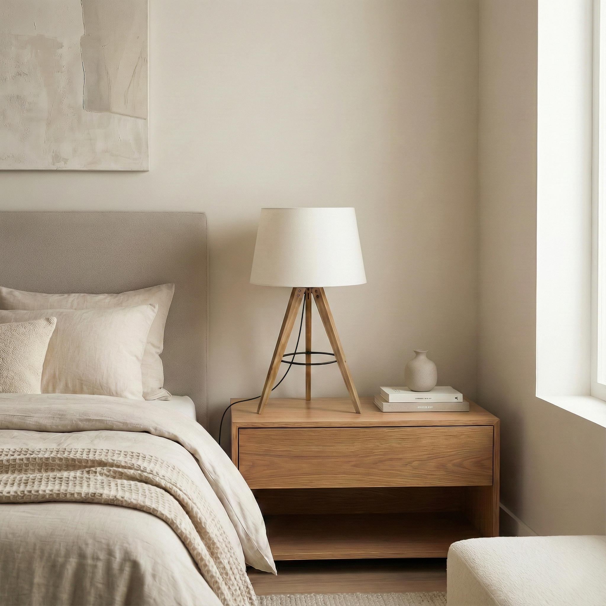 Birch Table Lamp | Natural Three-Legged Wood and Linen Shade