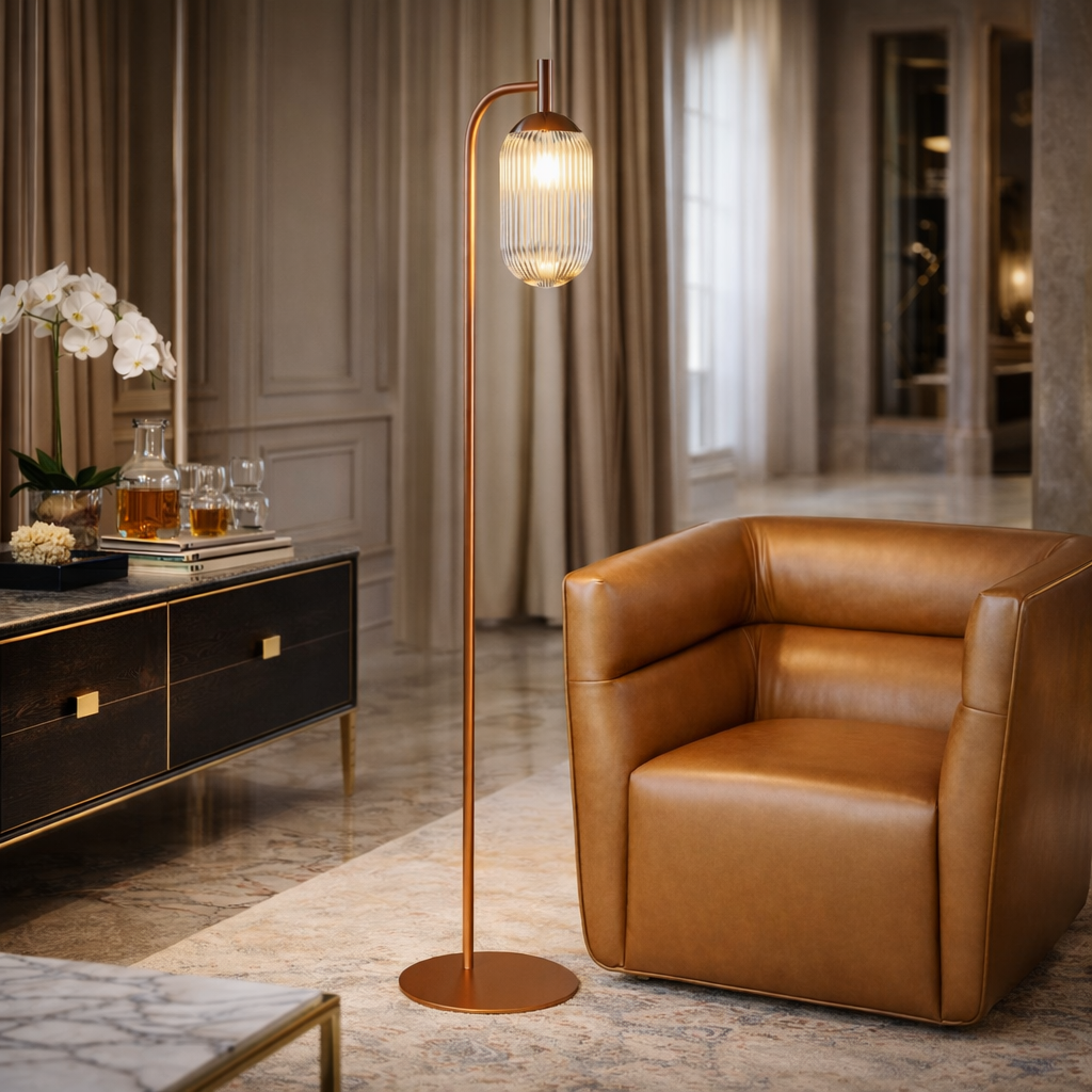 Vela Floor Lamp | Bronze Finish and Clear Ribbed Glass