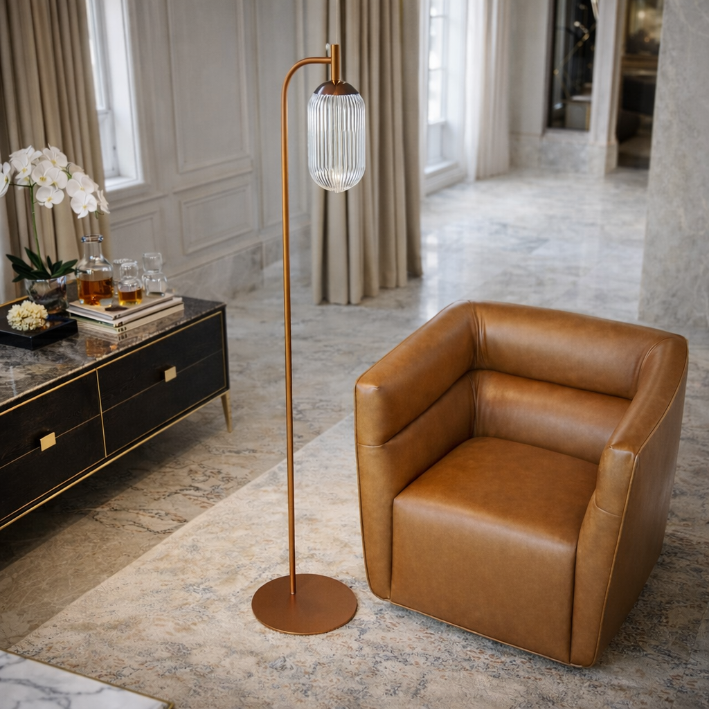 Vela Floor Lamp | Bronze Finish and Clear Ribbed Glass