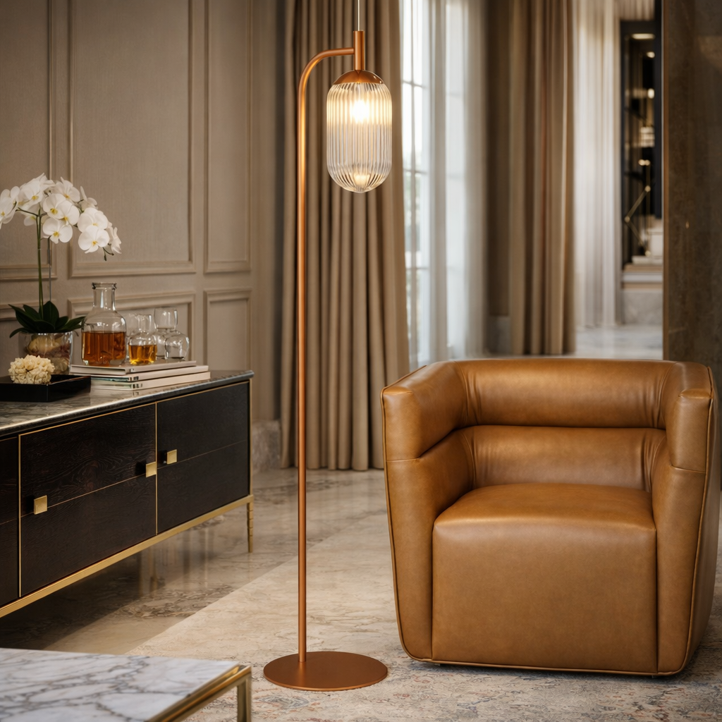 Vela Floor Lamp | Bronze Finish and Clear Ribbed Glass