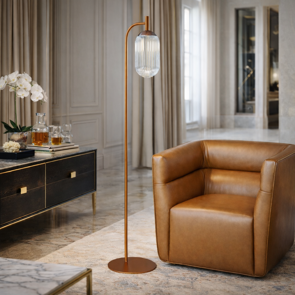 Vela Floor Lamp | Bronze Finish and Clear Ribbed Glass