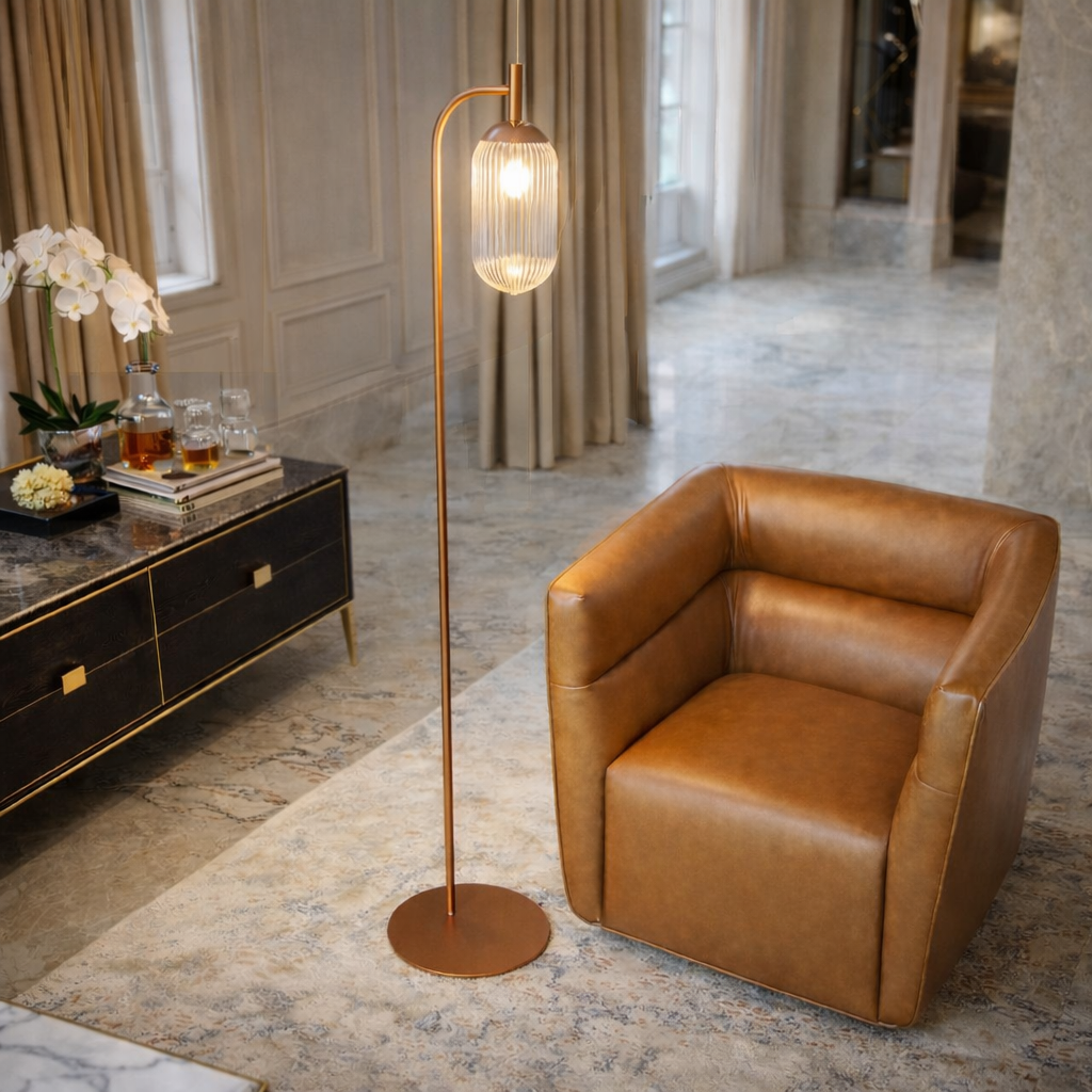 Vela Floor Lamp | Bronze Finish and Clear Ribbed Glass