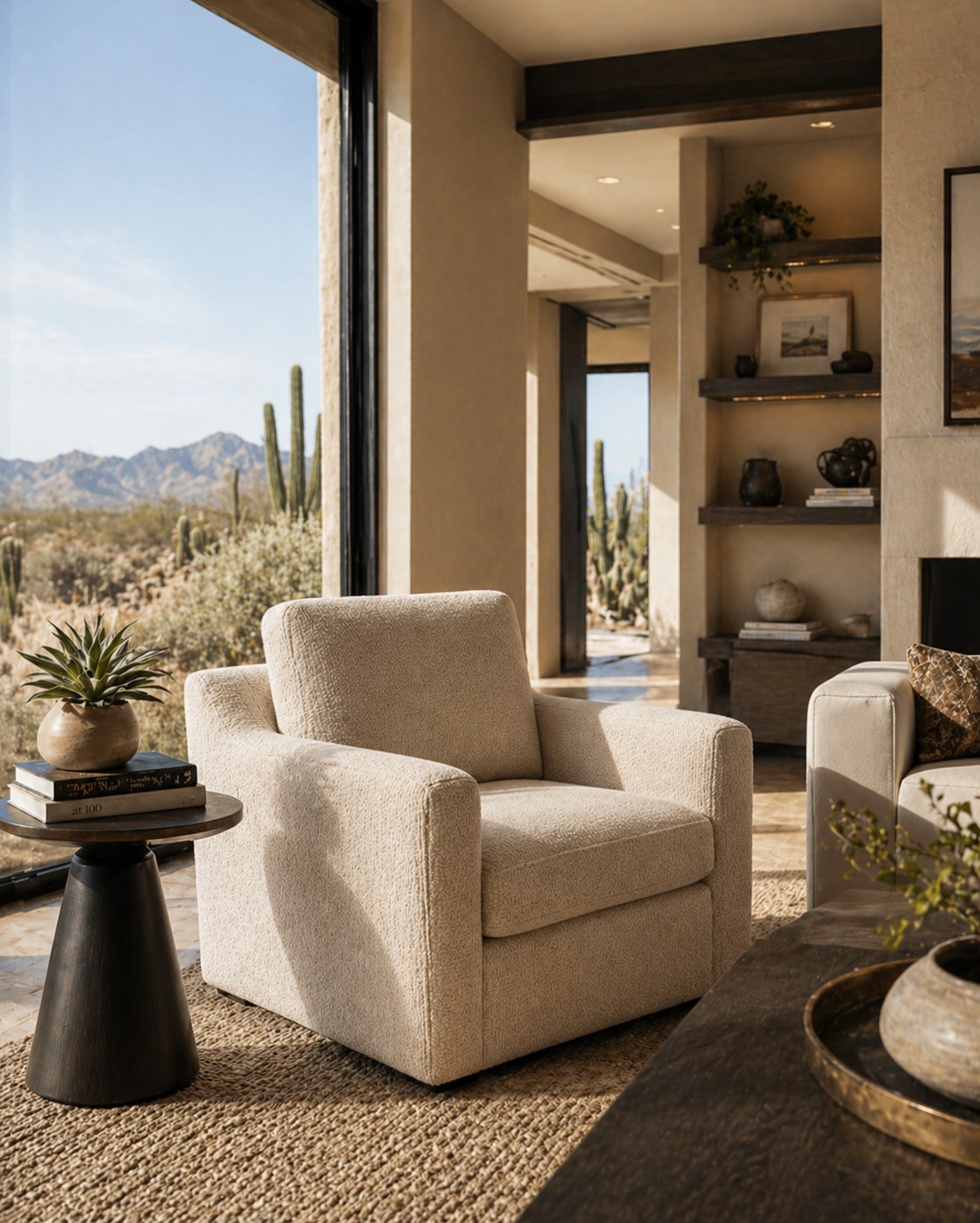 Blufton Swivel Chair in Disk Linen lifestyle image - Disk Linen Southwest