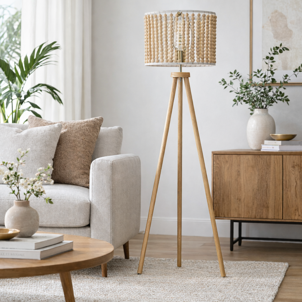 Brillo Floor Lamp | Natural Wood Tripod and Beaded Shade
