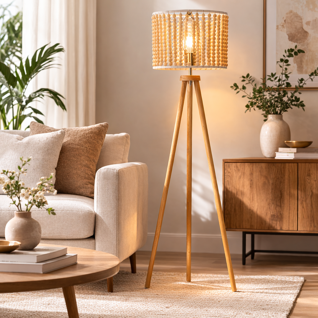 Brillo Floor Lamp | Natural Wood Tripod and Beaded Shade