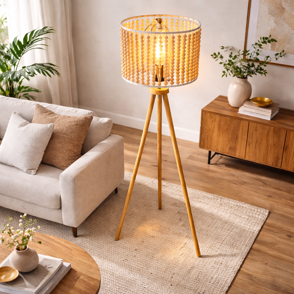 Brillo Floor Lamp | Natural Wood Tripod and Beaded Shade