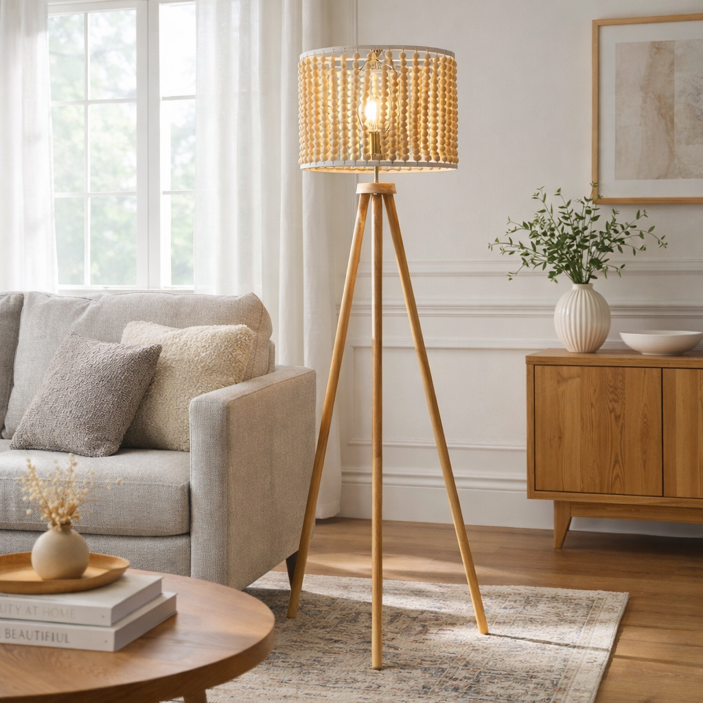 Brillo Floor Lamp | Natural Wood Tripod and Beaded Shade