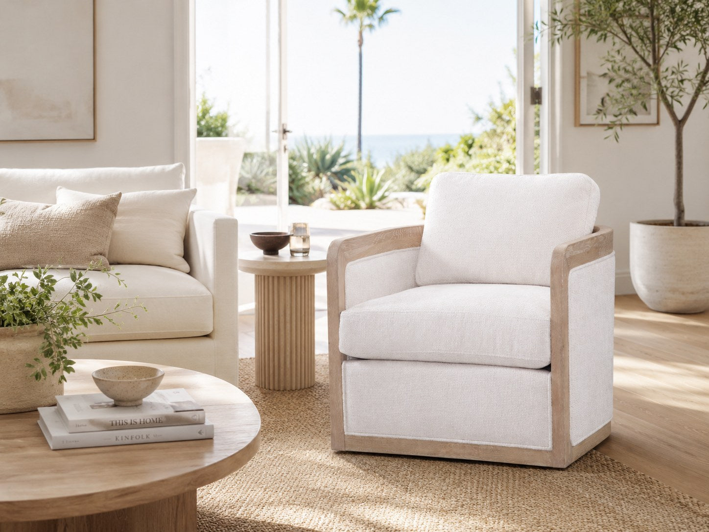Buena Vista Swivel Chair in Norse Bone (Performance Fabric) lifestyle image - Contemporary Califonia Casual