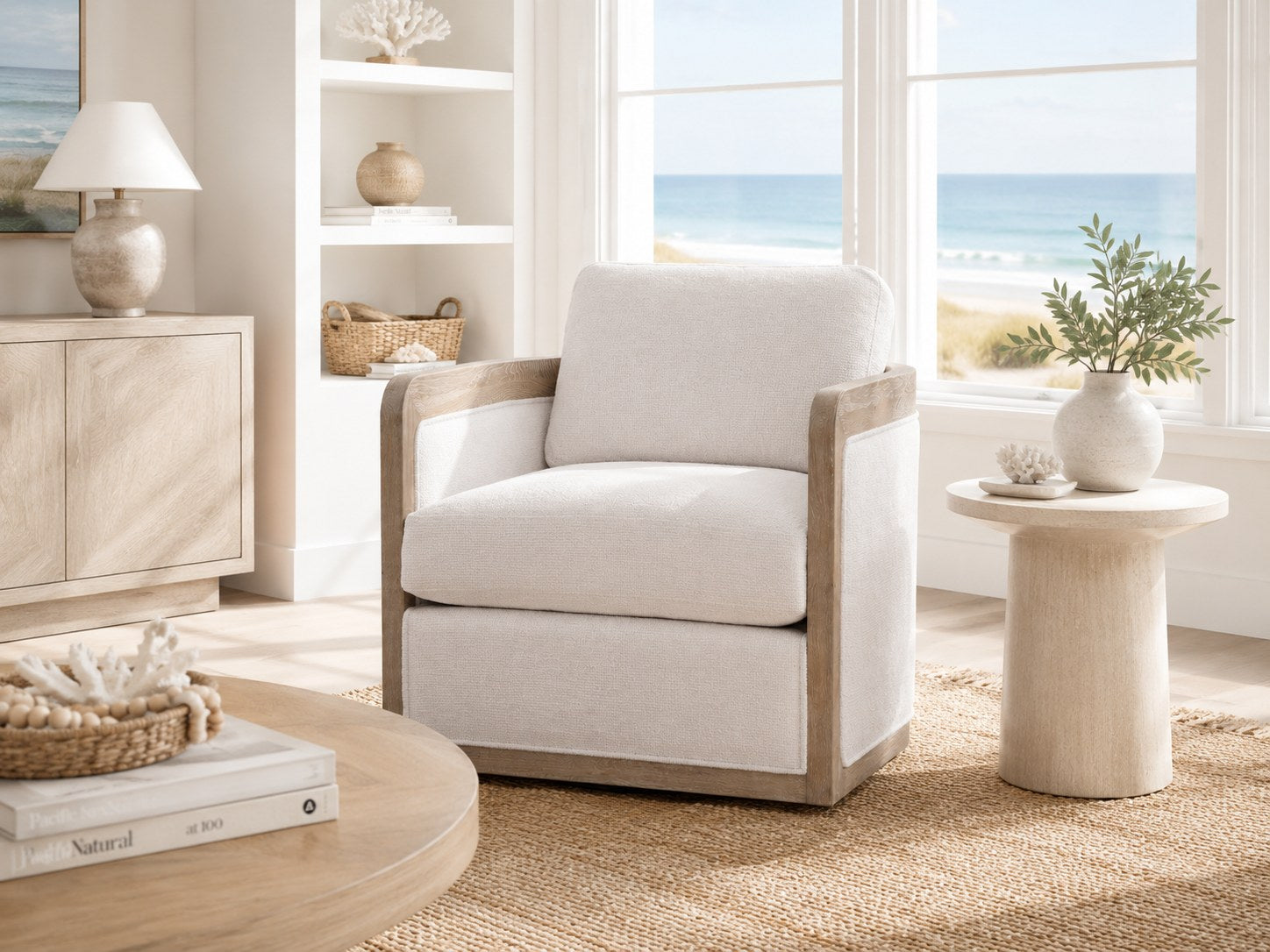 Buena Vista Swivel Chair in Norse Bone (Performance Fabric) lifestyle image - Coastal Contemporary Transitional