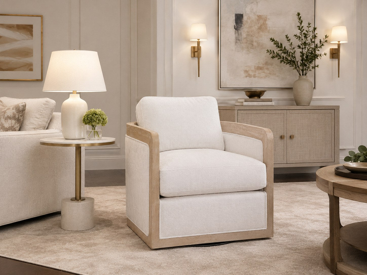 Buena Vista Swivel Chair in Norse Bone (Performance Fabric) lifestyle image - Contemporary Transitional Clean