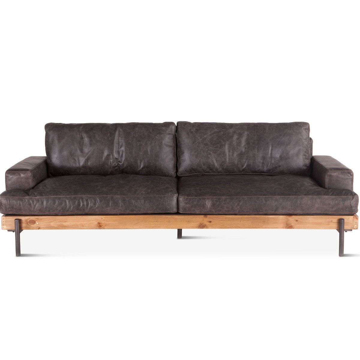 Loft Retro Industrial Black Leather Sofa 94"