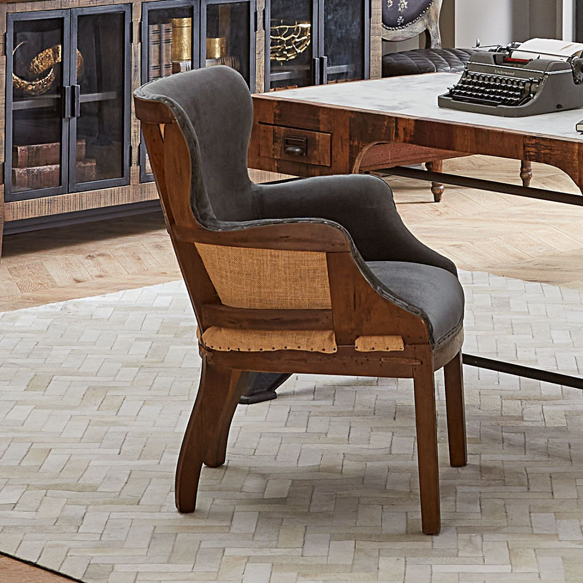 Churchill Deconstructed Grey Velvet Wing Club Chair