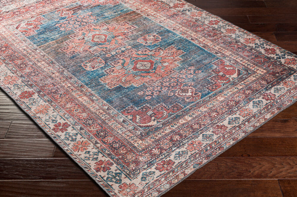 Colin Blue/Rust Machine Woven Rug - corner
