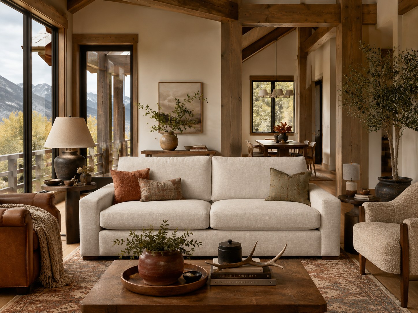 Cody 96″ Sofa in Cumberland Cream lifestyle image - Southwest Mountain Lake